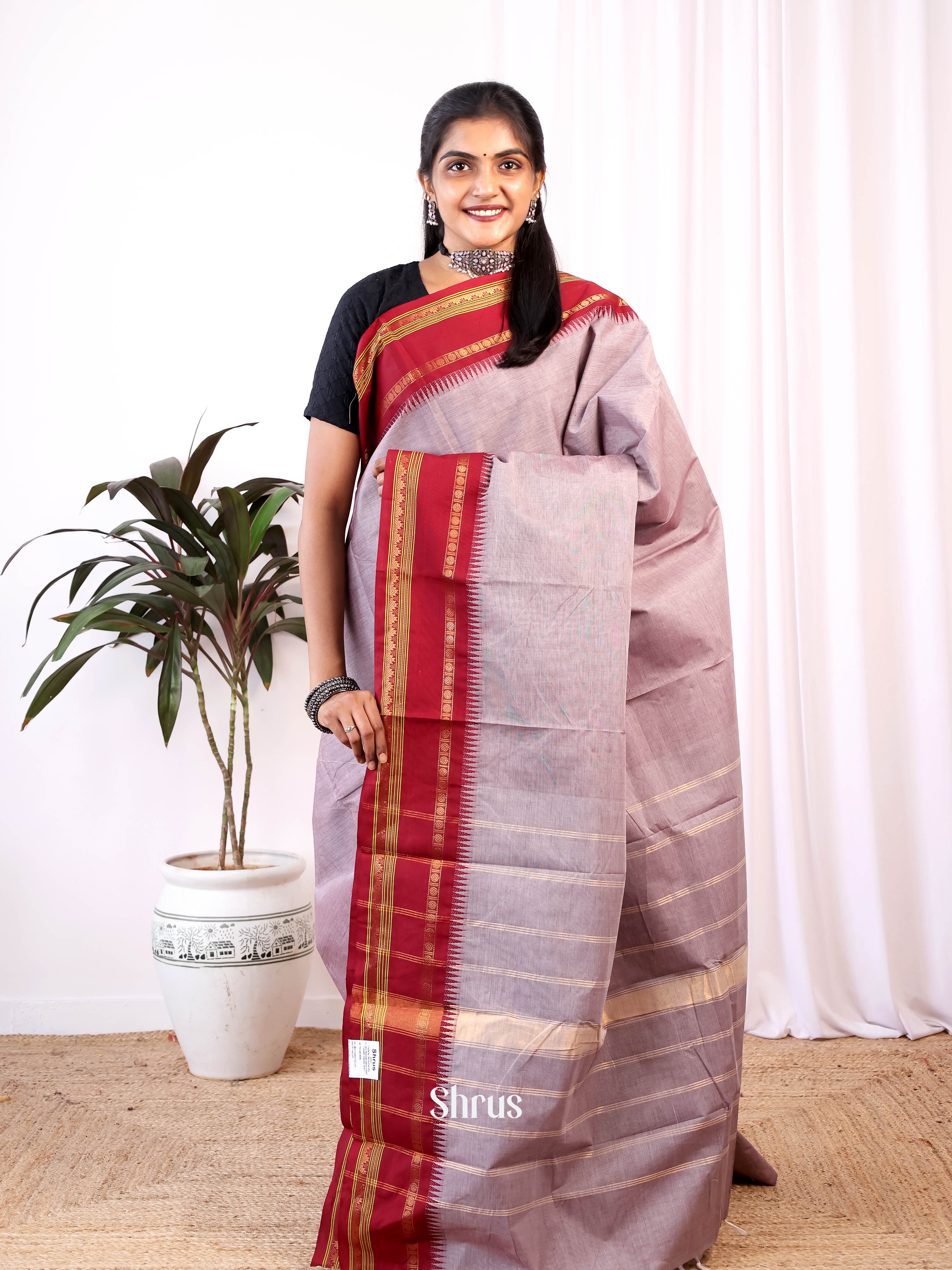 Grey & Red - Chettinad Cotton Saree - Shop on Shrus.com