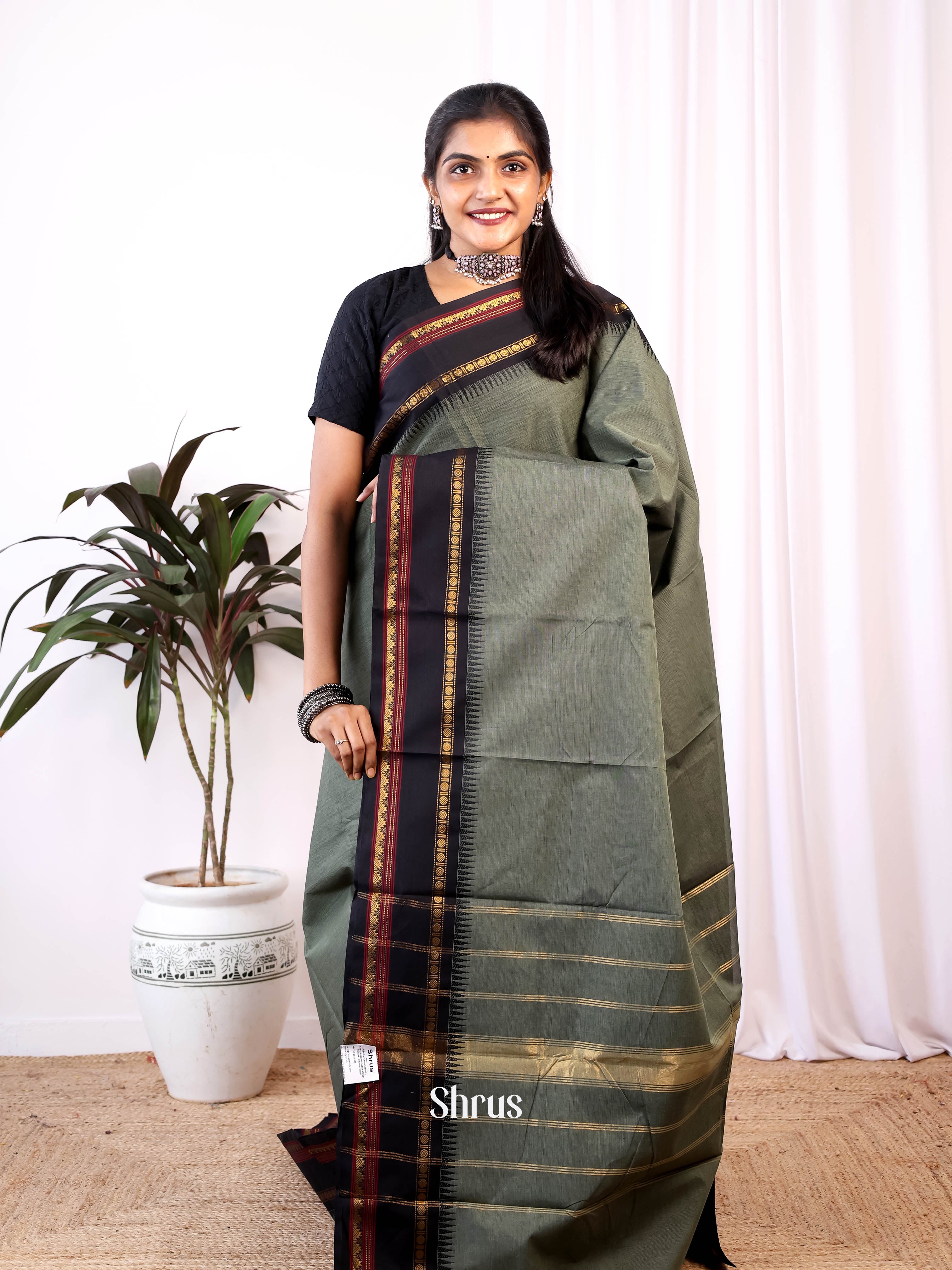 Grey & Black - Chettinad Cotton Saree - Shop on Shrus.com