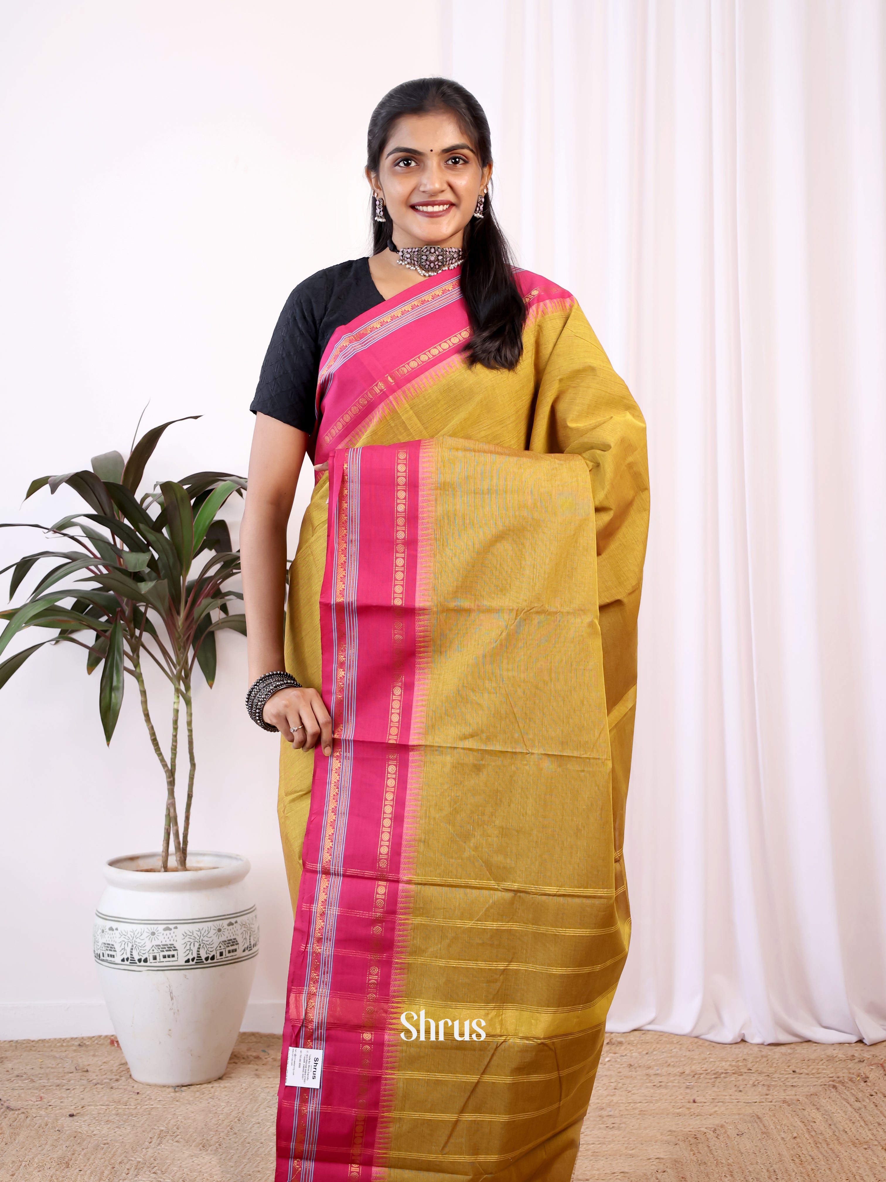 Mustardy Green & Pink - Chettinad Cotton Saree - Shop on Shrus.com
