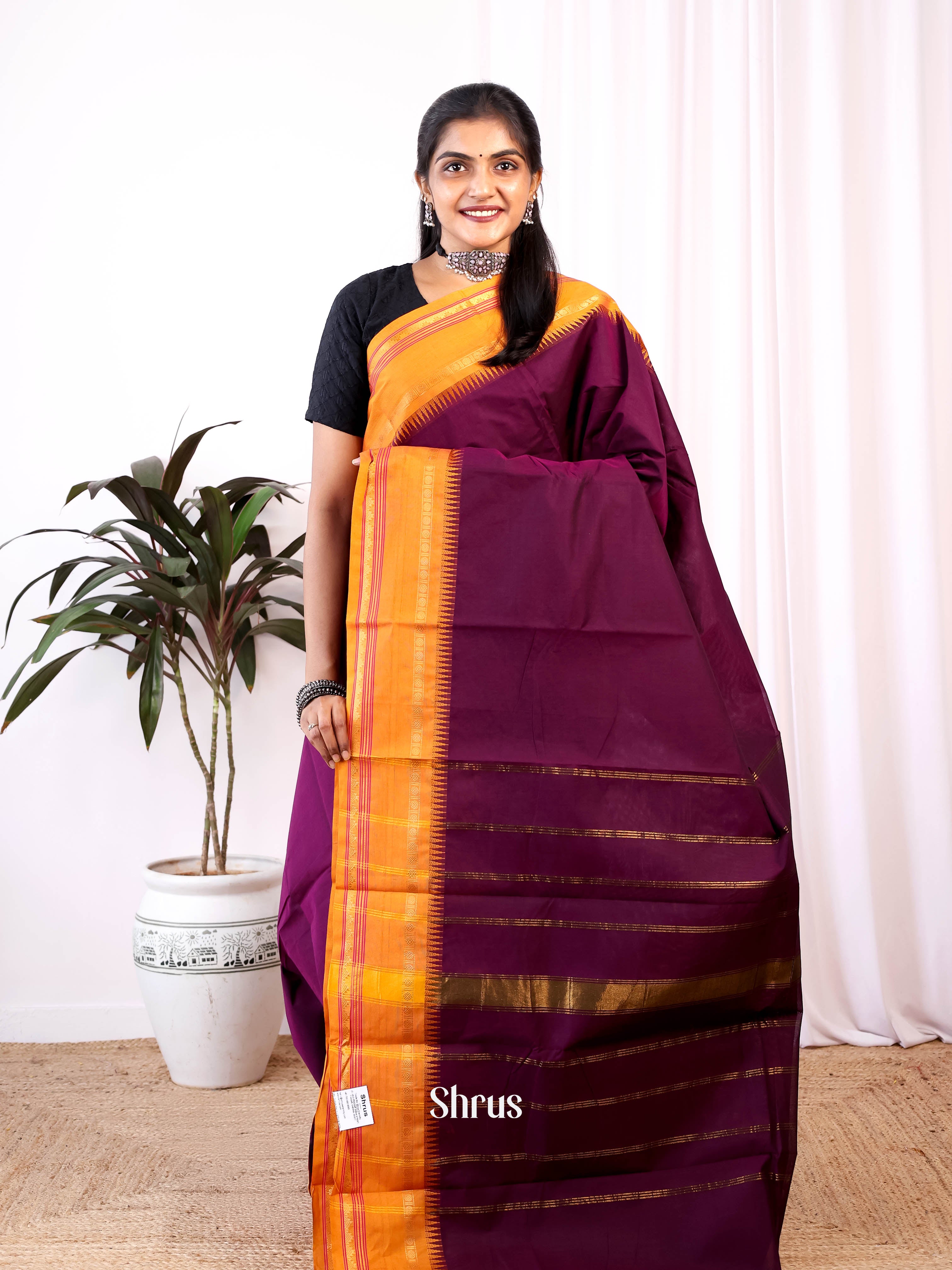 Purple & Orange- Chettinad Cotton Saree - Shop on Shrus.com