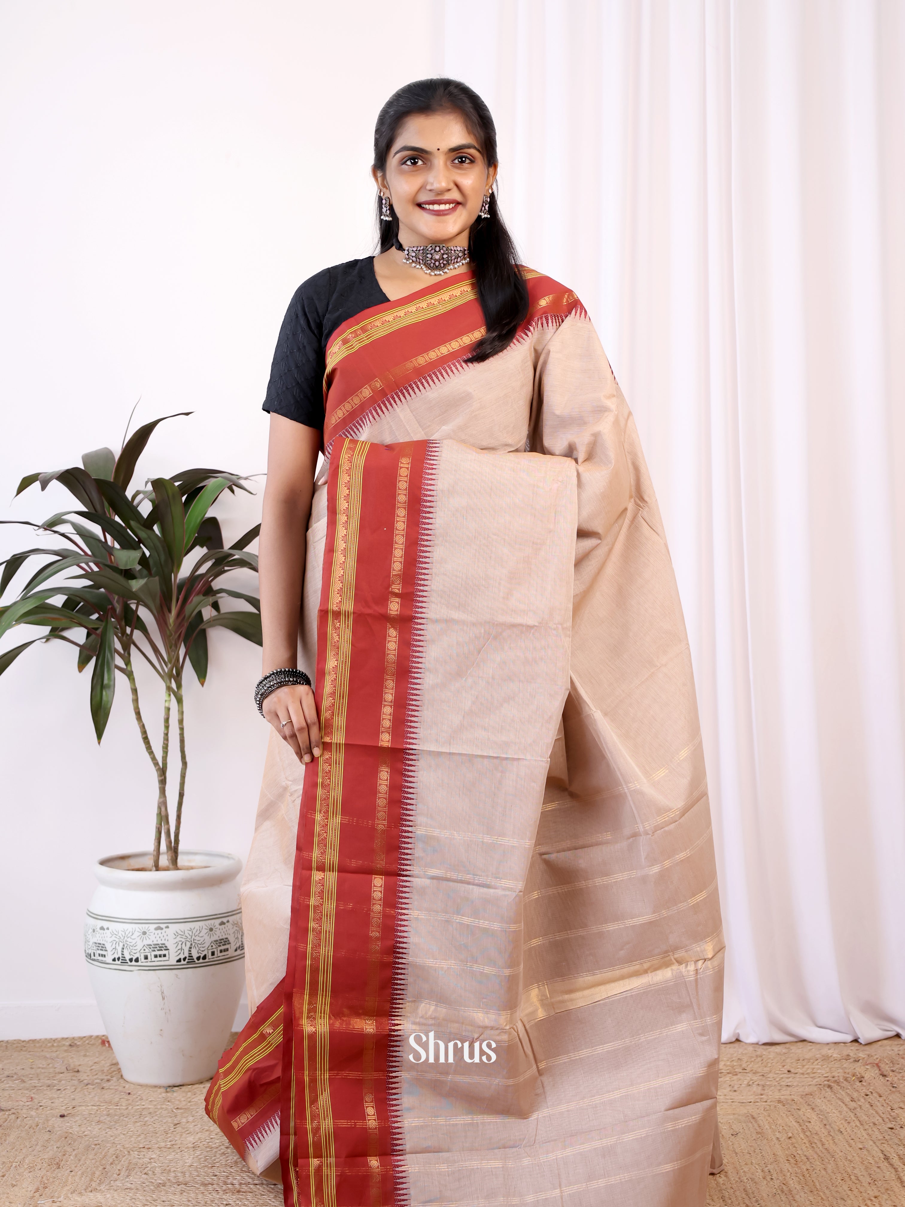 Grey & Red - Chettinad Cotton Saree - Shop on Shrus.com