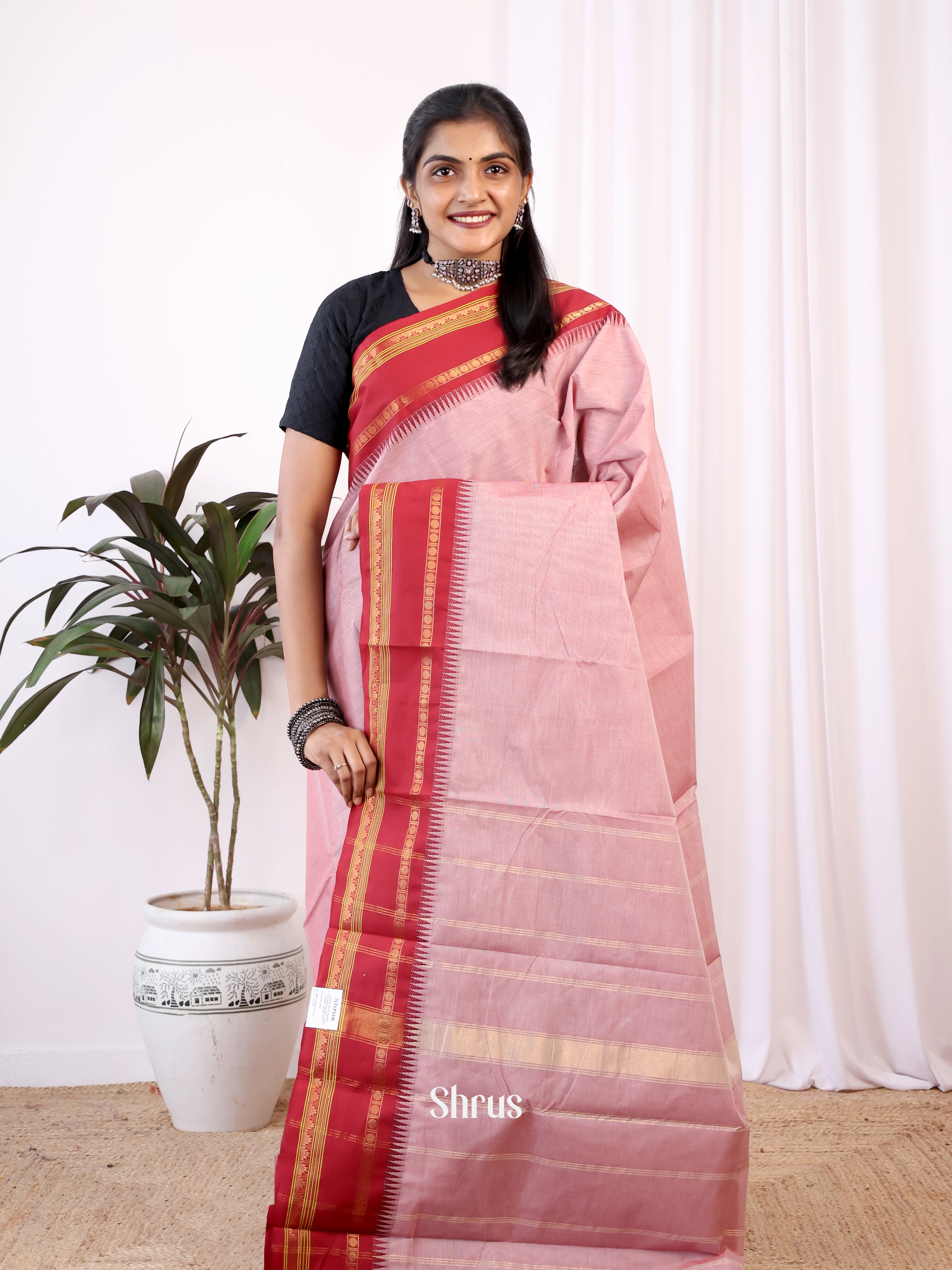 Mild Pink & Red - Chettinad Cotton Saree - Shop on Shrus.com