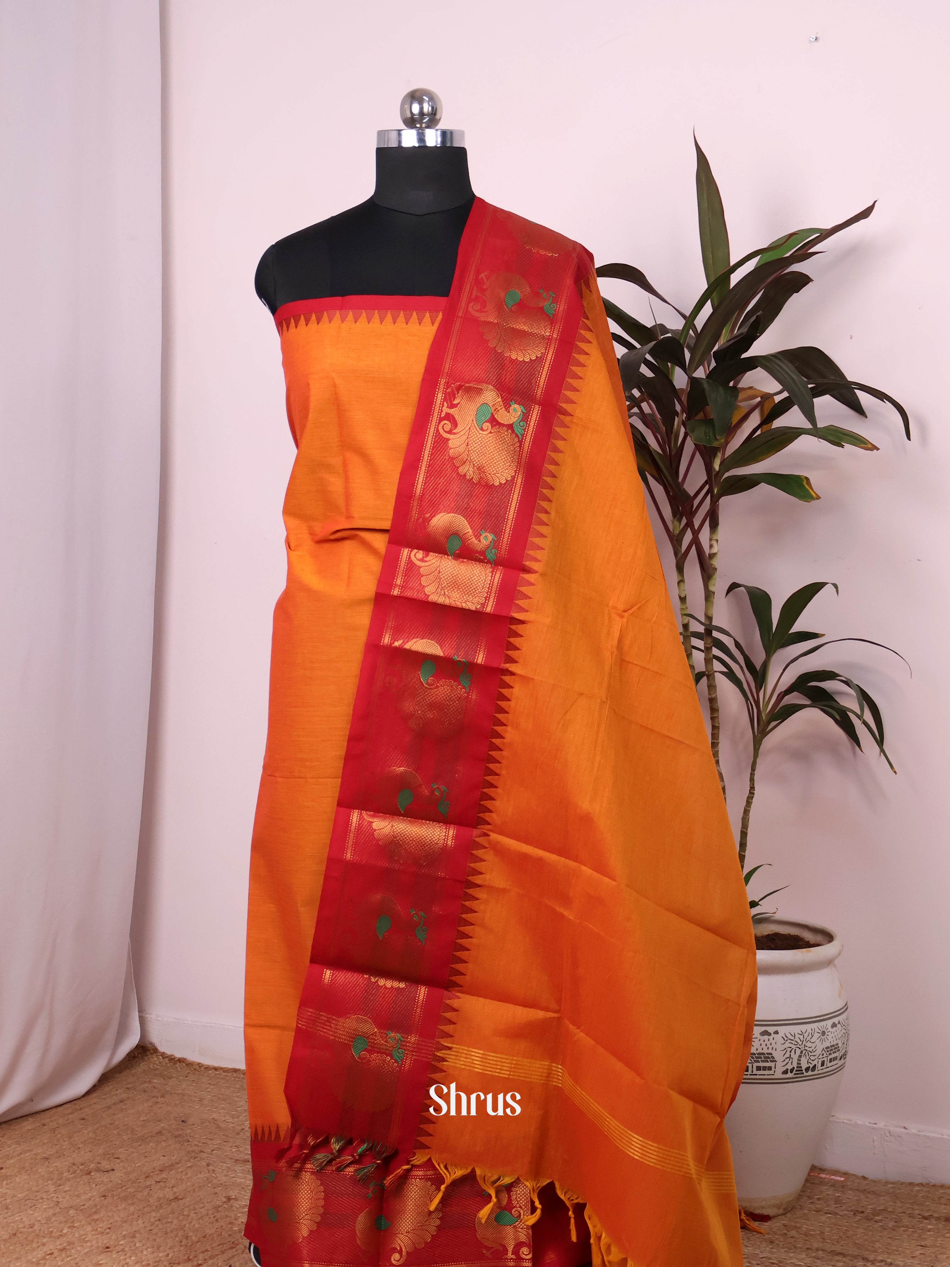 Orange & Red - chettinad top & dupatta combo - Shop on Shrus.com