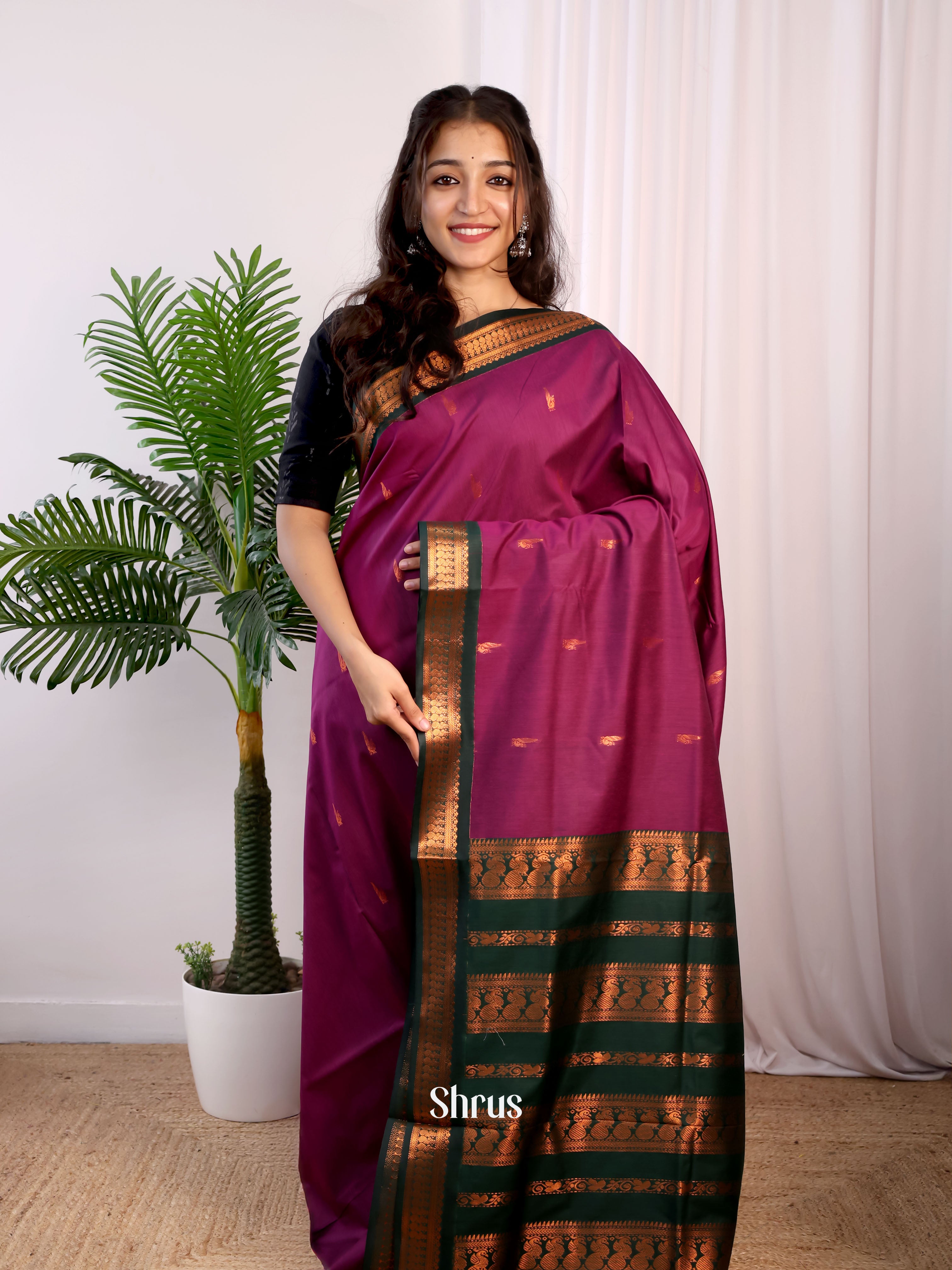 Majenta & Green - Kalyani Cotton Saree - Shop on Shrus.com