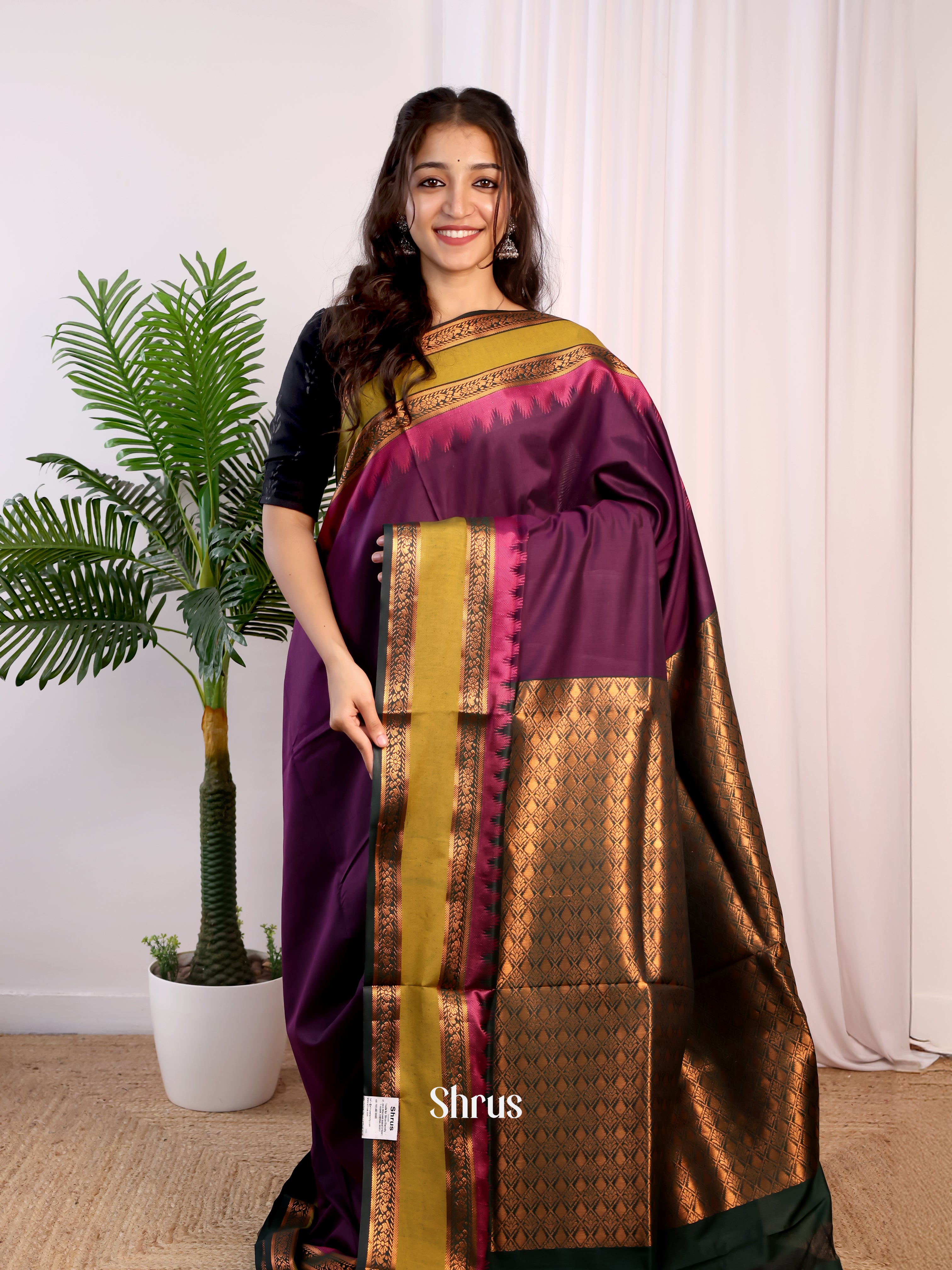 Purple & Green - Kalyani Cotton Saree - Shop on Shrus.com