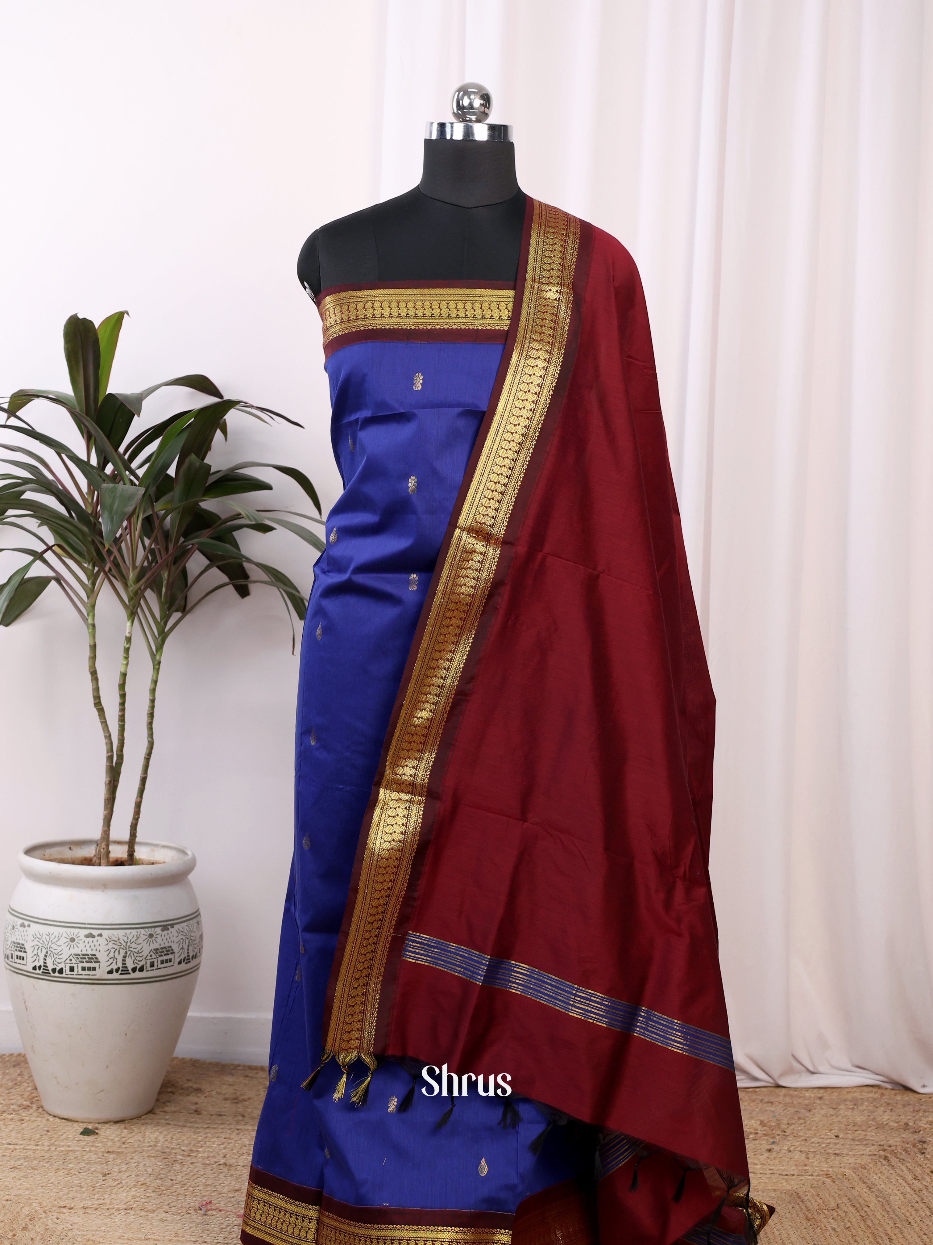Blue & Maroon - Kalyani Cotton unstitched Top & Dupatta - CJS11005 - Shop on Shrus.com