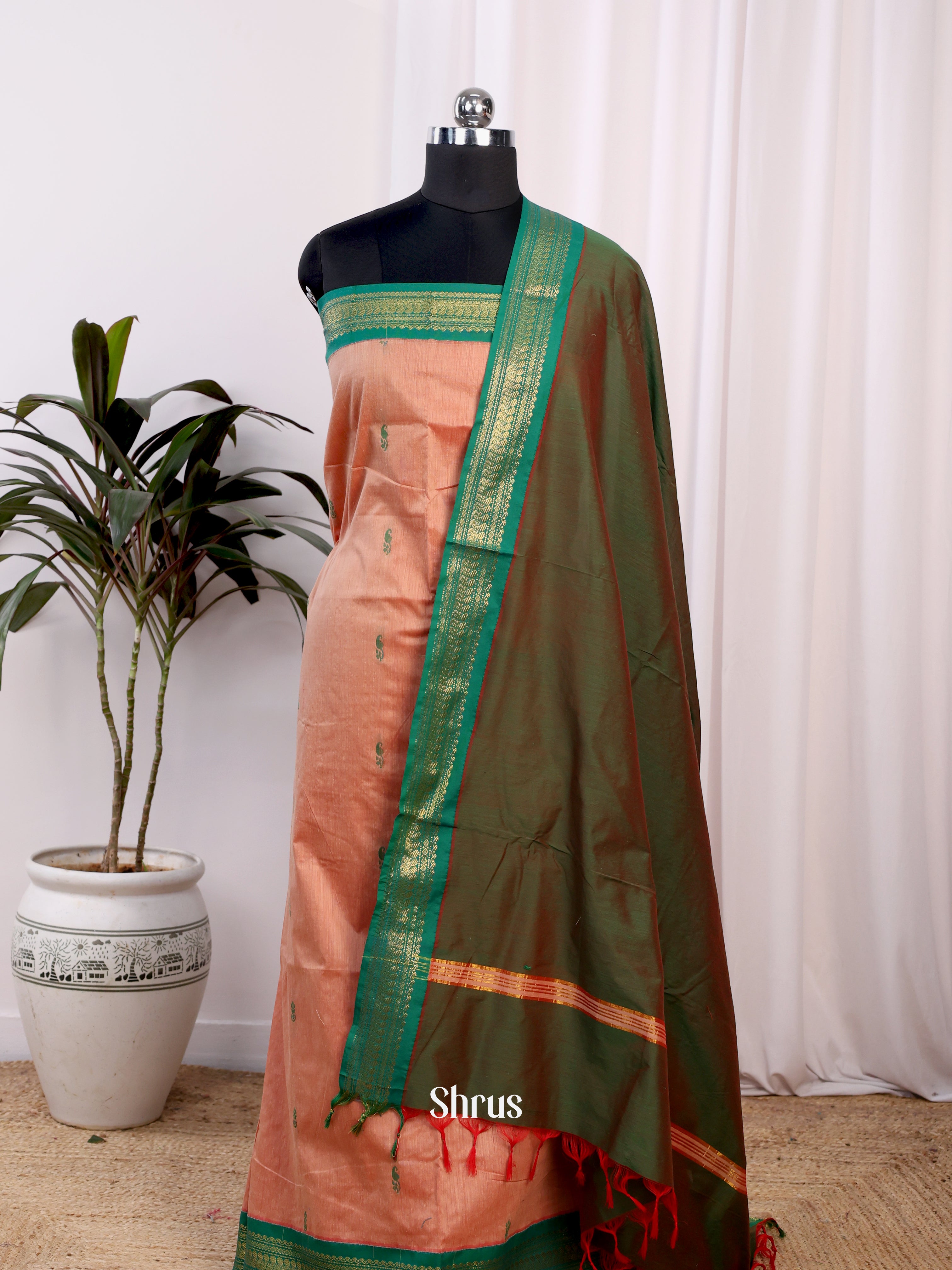Peach & Double Shaded Green - Kalyani Cotton unstitched Top & Dupatta -CJS11010 - Shop on Shrus.com