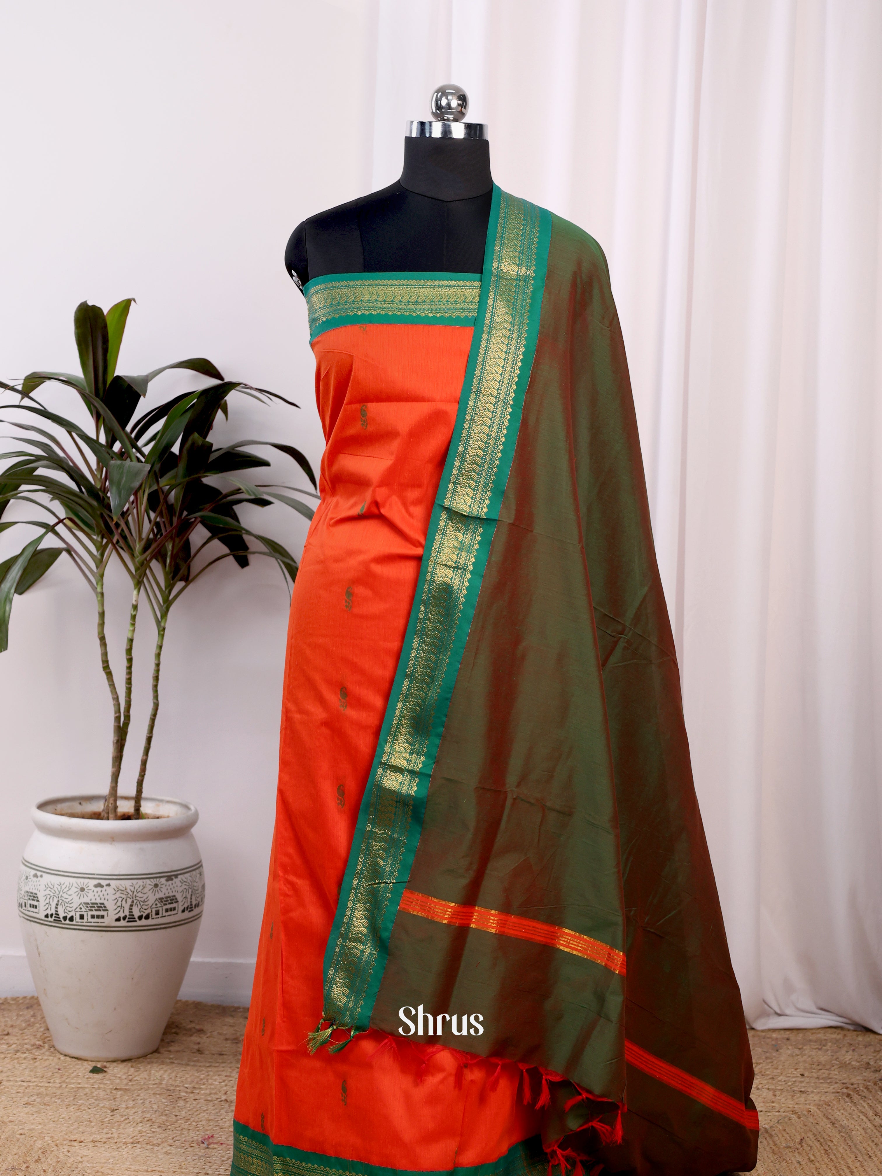 Orange & Double Shaded Green - Kalyani Cotton salwar unstitch - Shop on Shrus.com