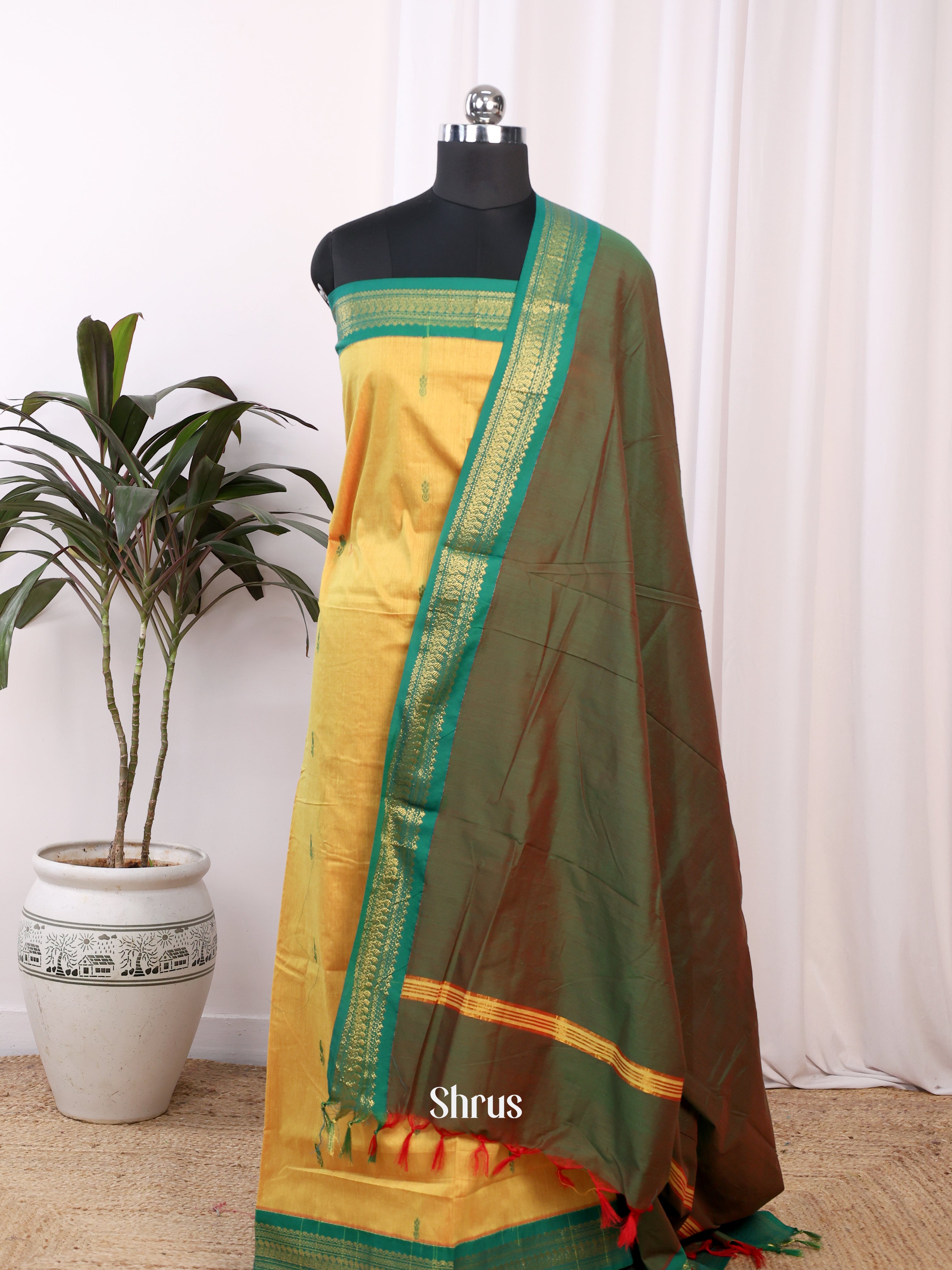 Yellow & Green- Kalyani Cotton salwar unstitch - Shop on Shrus.com