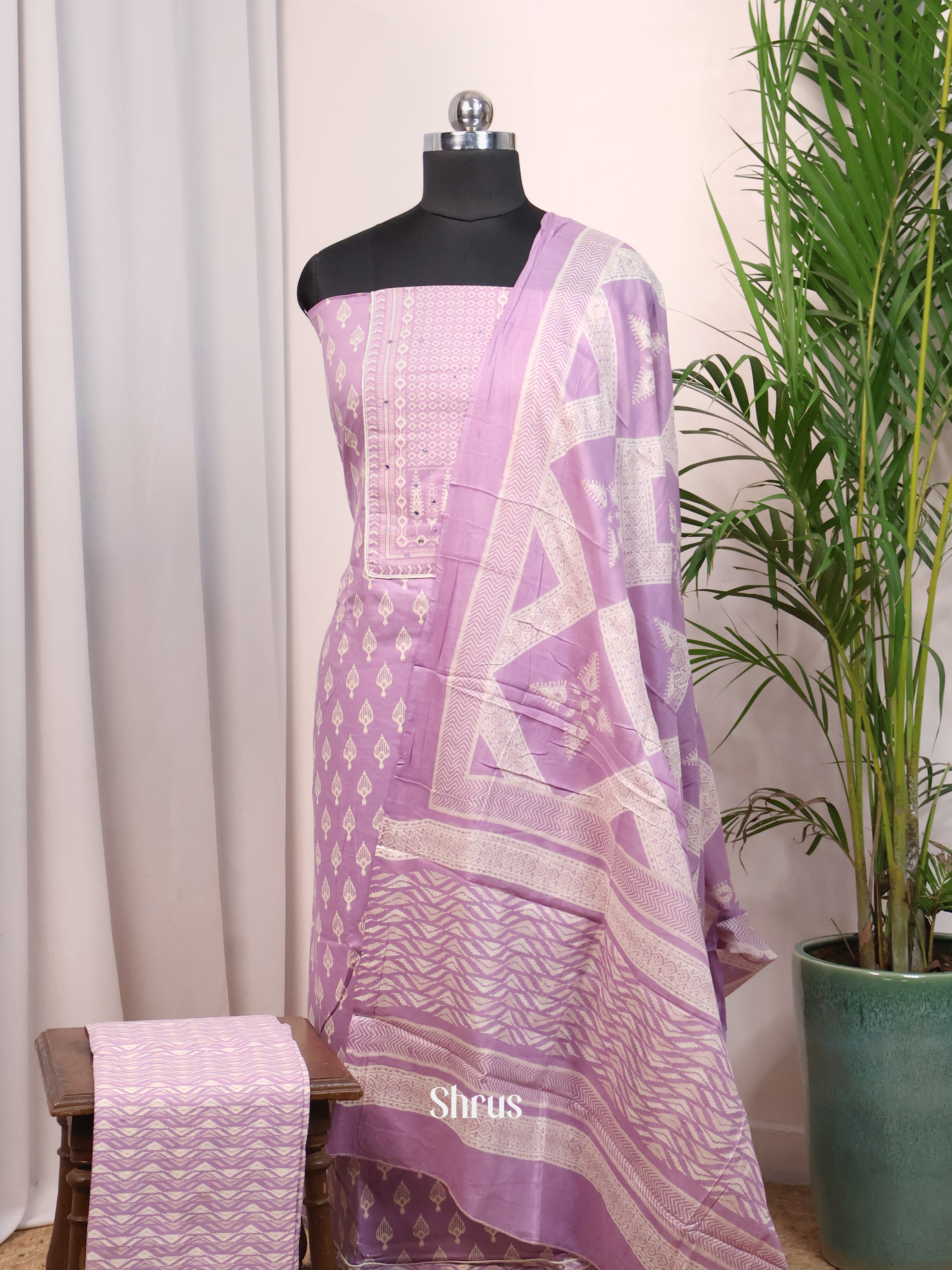 Purple - Cotton Salwar Suit Unstitched Top, Bottom & Dupatta - CJS11039 - Shop on Shrus.com