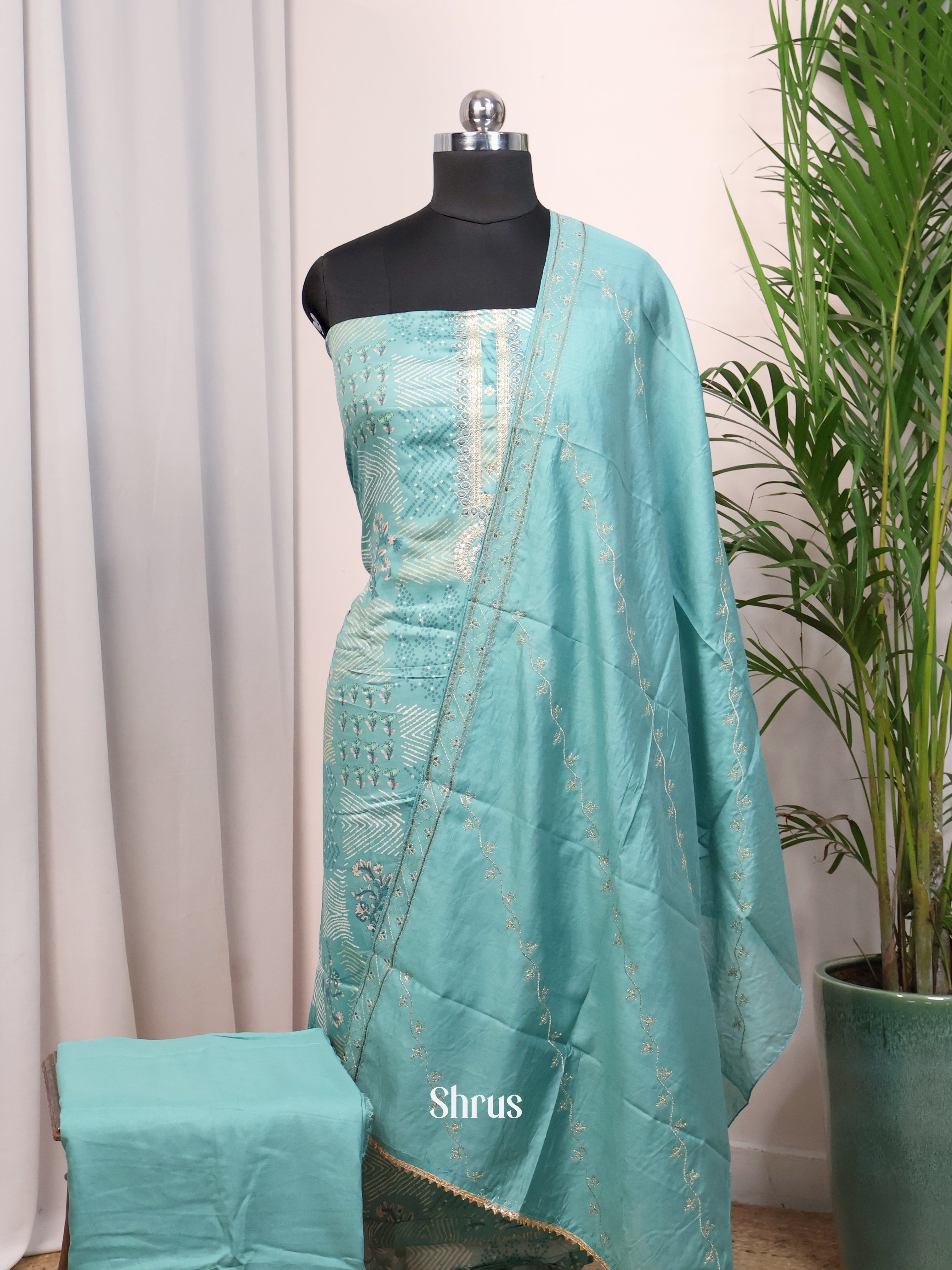 Blue - Cotton Salwar Suit Unstitched Top, Bottom & Dupatta - CJS11042 - Shop on Shrus.com