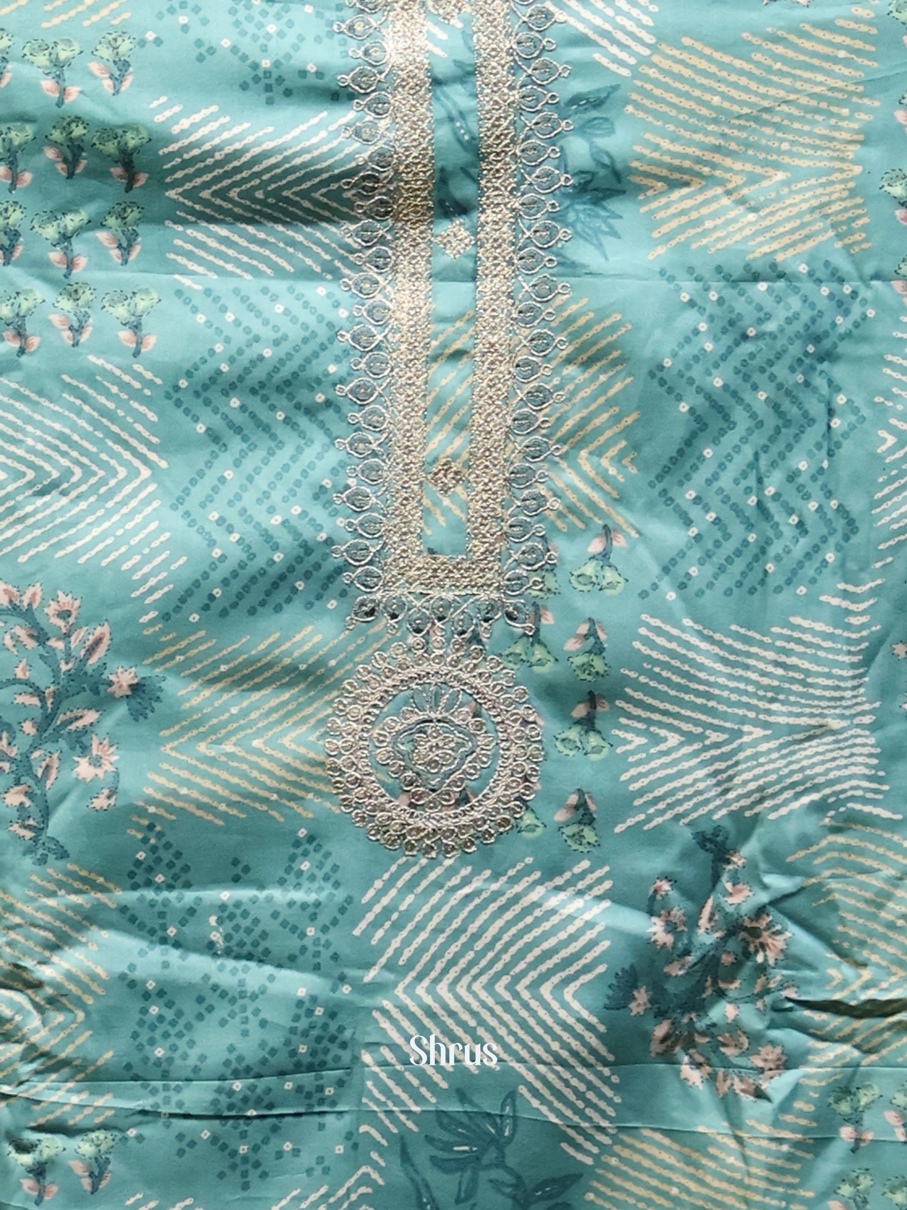 Blue - Cotton Salwar Suit Unstitched Top, Bottom & Dupatta - CJS11042 - Shop on Shrus.com