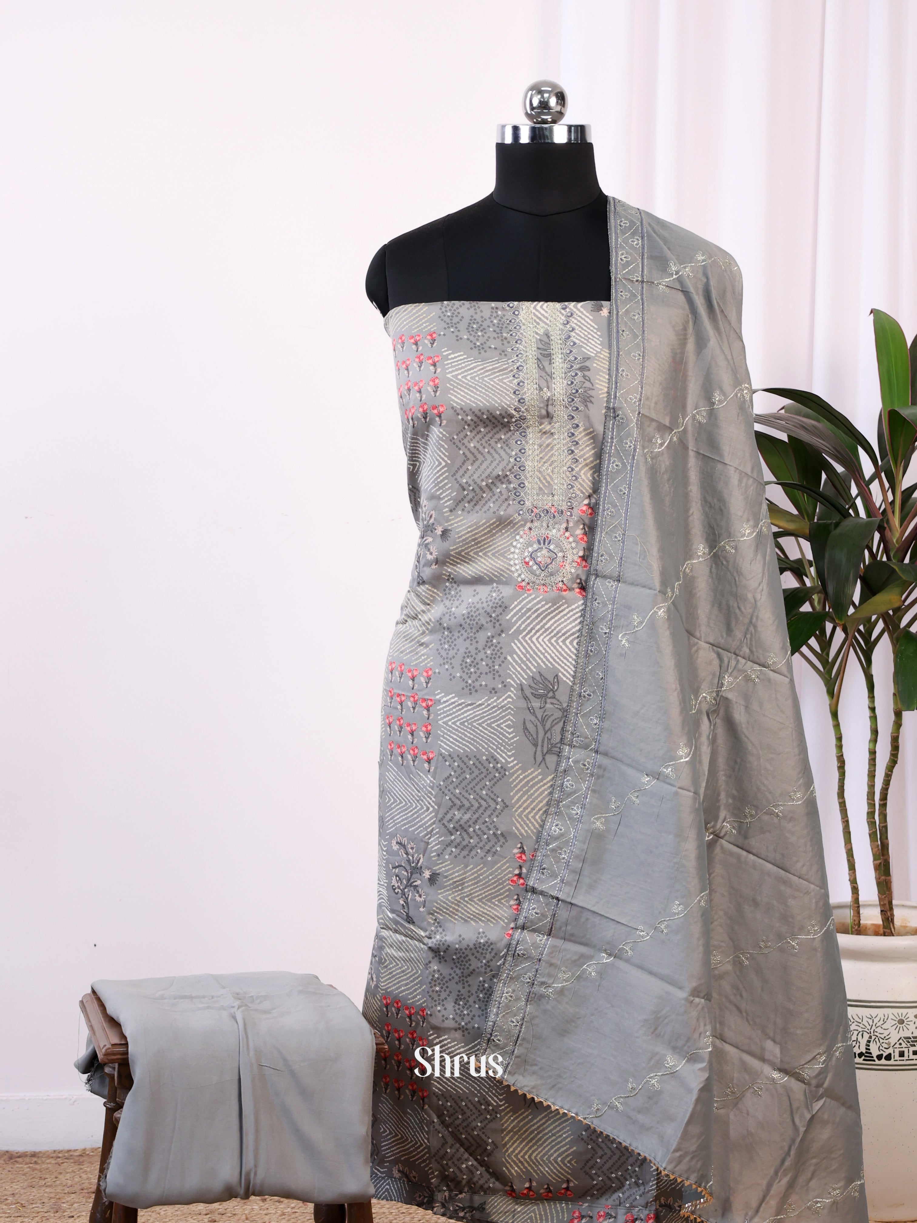 Grey - Cotton Salwar Suit Unstitched Top, Bottom & Dupatta - CJS11043 - Shop on Shrus.com