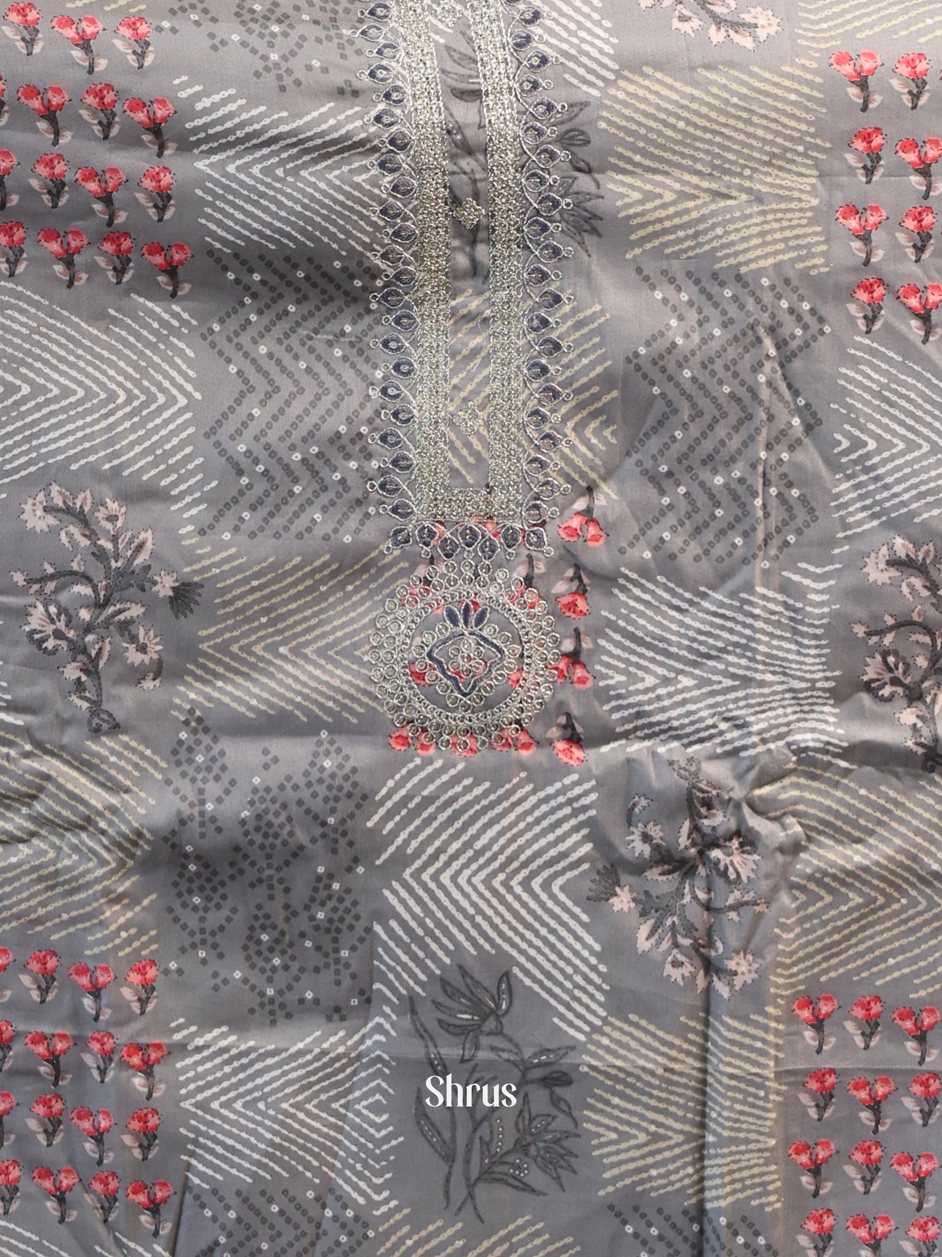 Grey - Cotton Salwar Suit Unstitched Top, Bottom & Dupatta - CJS11043 - Shop on Shrus.com