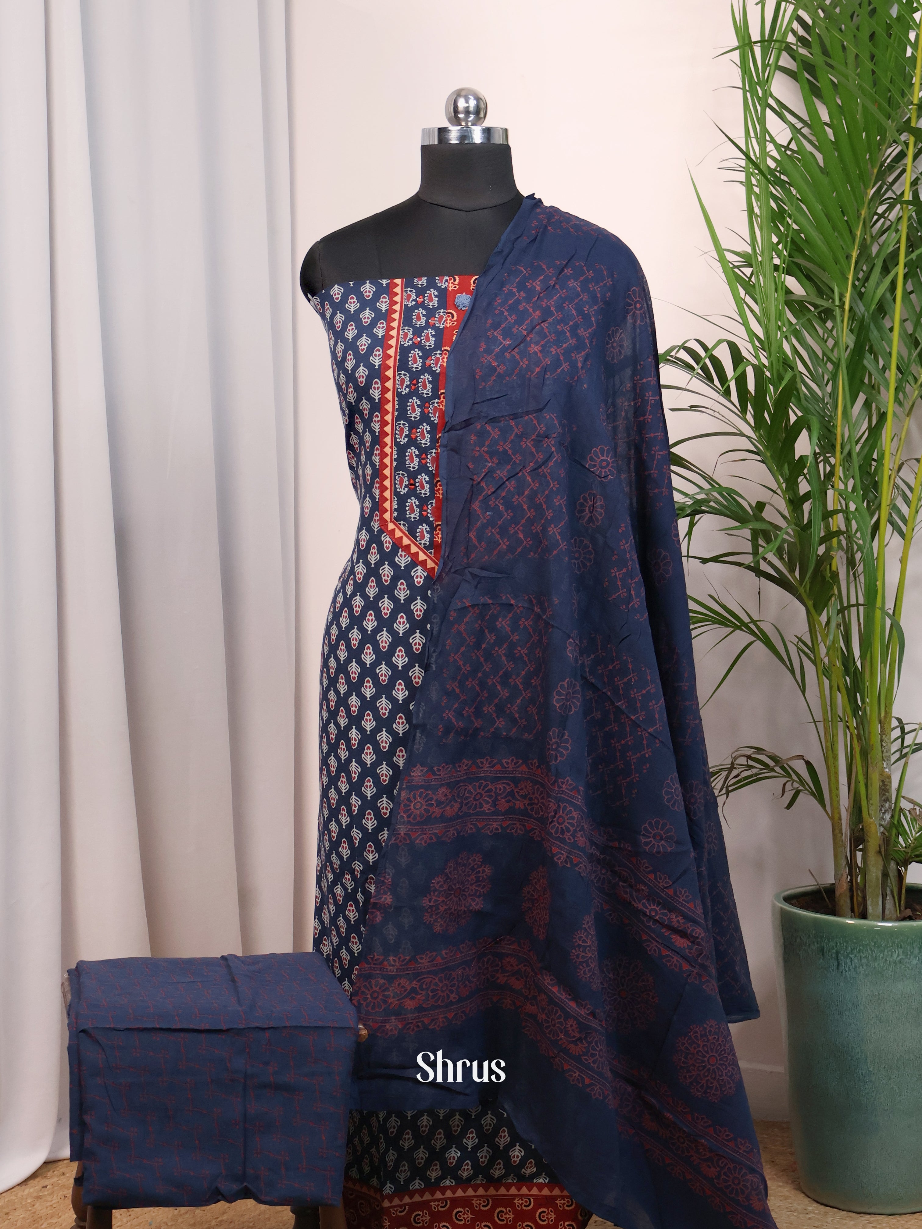 Blue - Cotton Salwar Suit Unstitched Top, Bottom & Dupatta - CJS11054 - Shop on Shrus.com