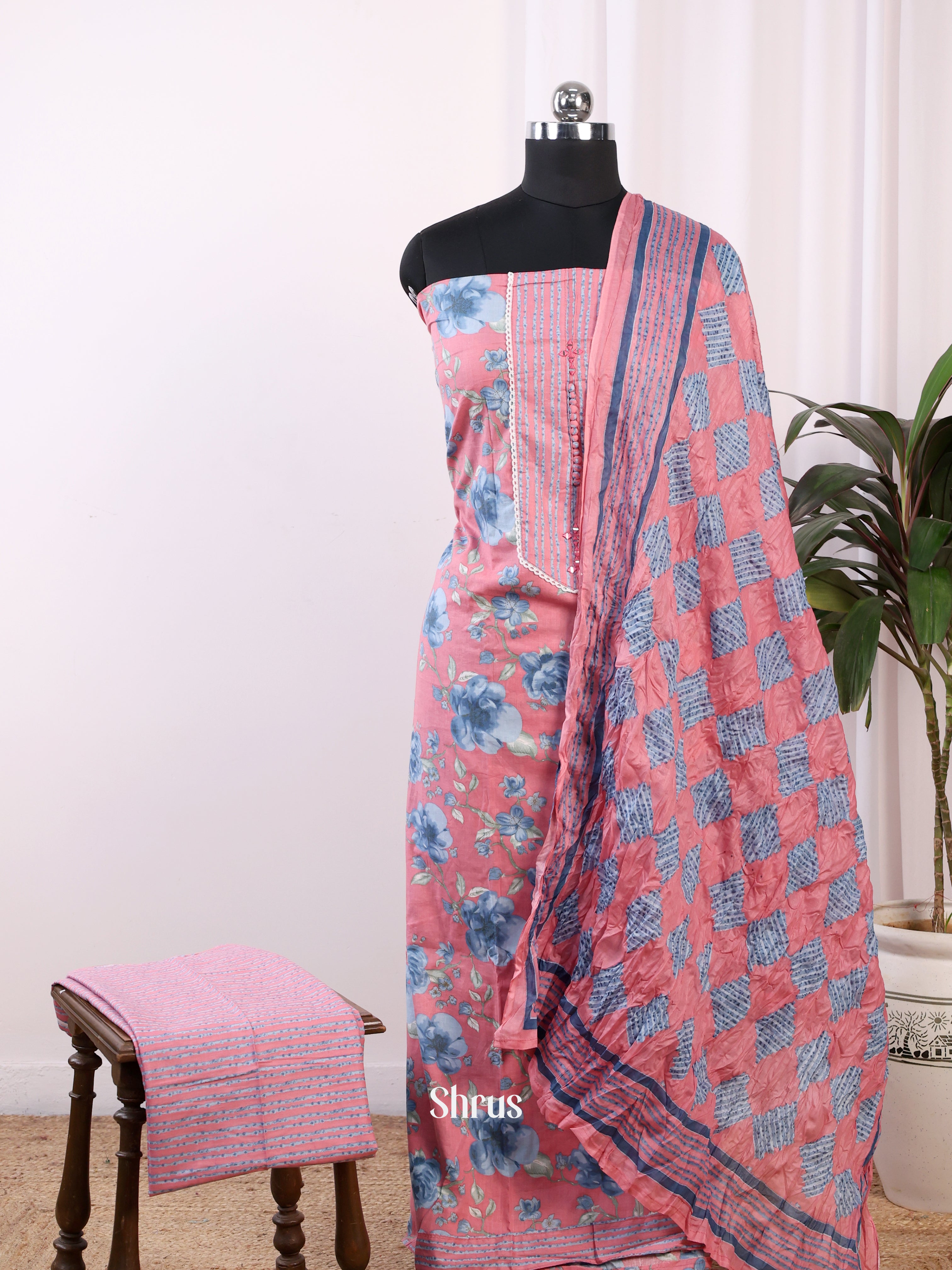 Pink - Cotton Salwar Suit Unstitched Top, Bottom & Dupatta - CJS11056 - Shop on Shrus.com