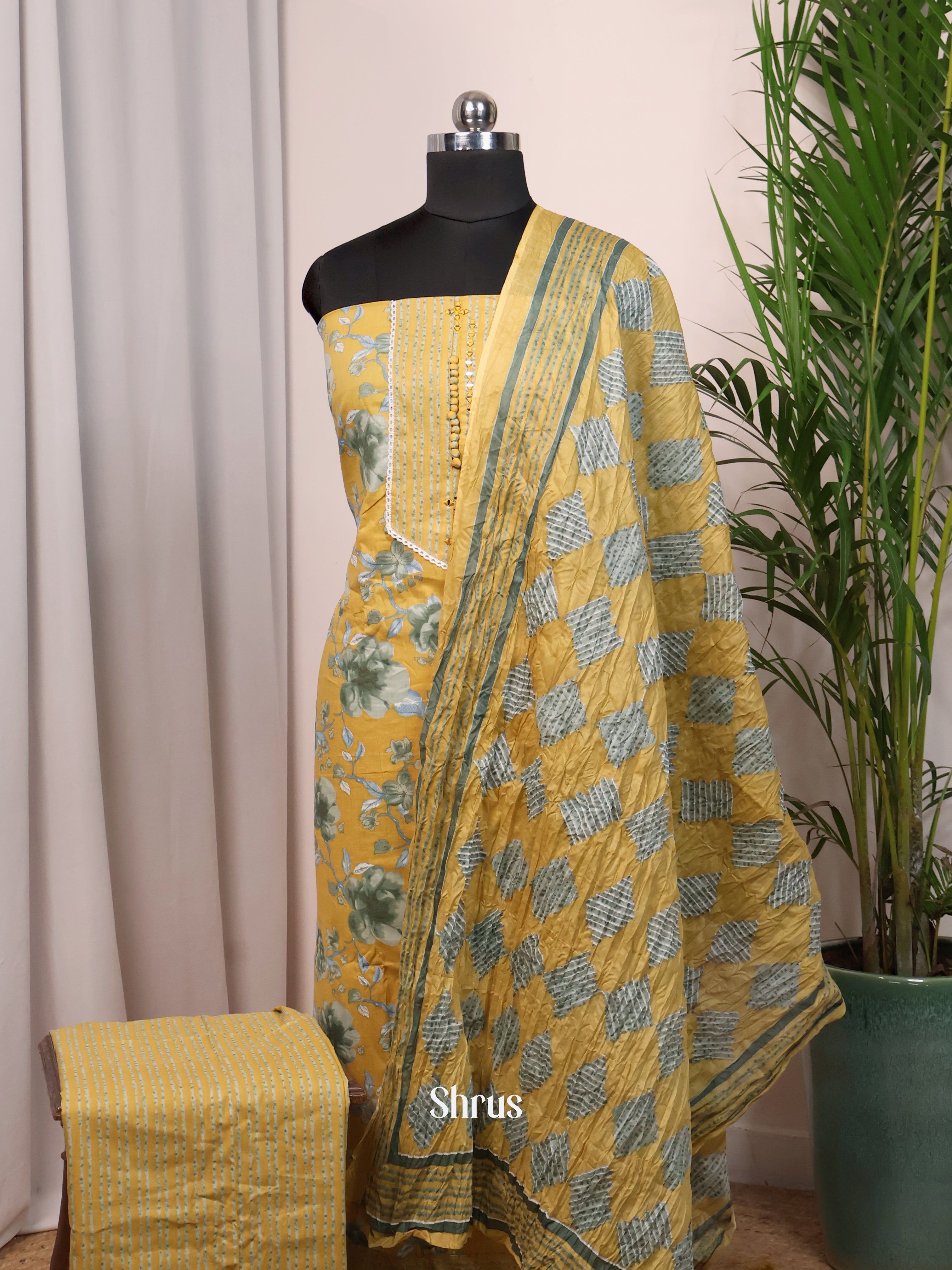 Yellow - Cotton Salwar Suit Unstitched Top, Bottom & Dupatta - CJS11058 - Shop on Shrus.com