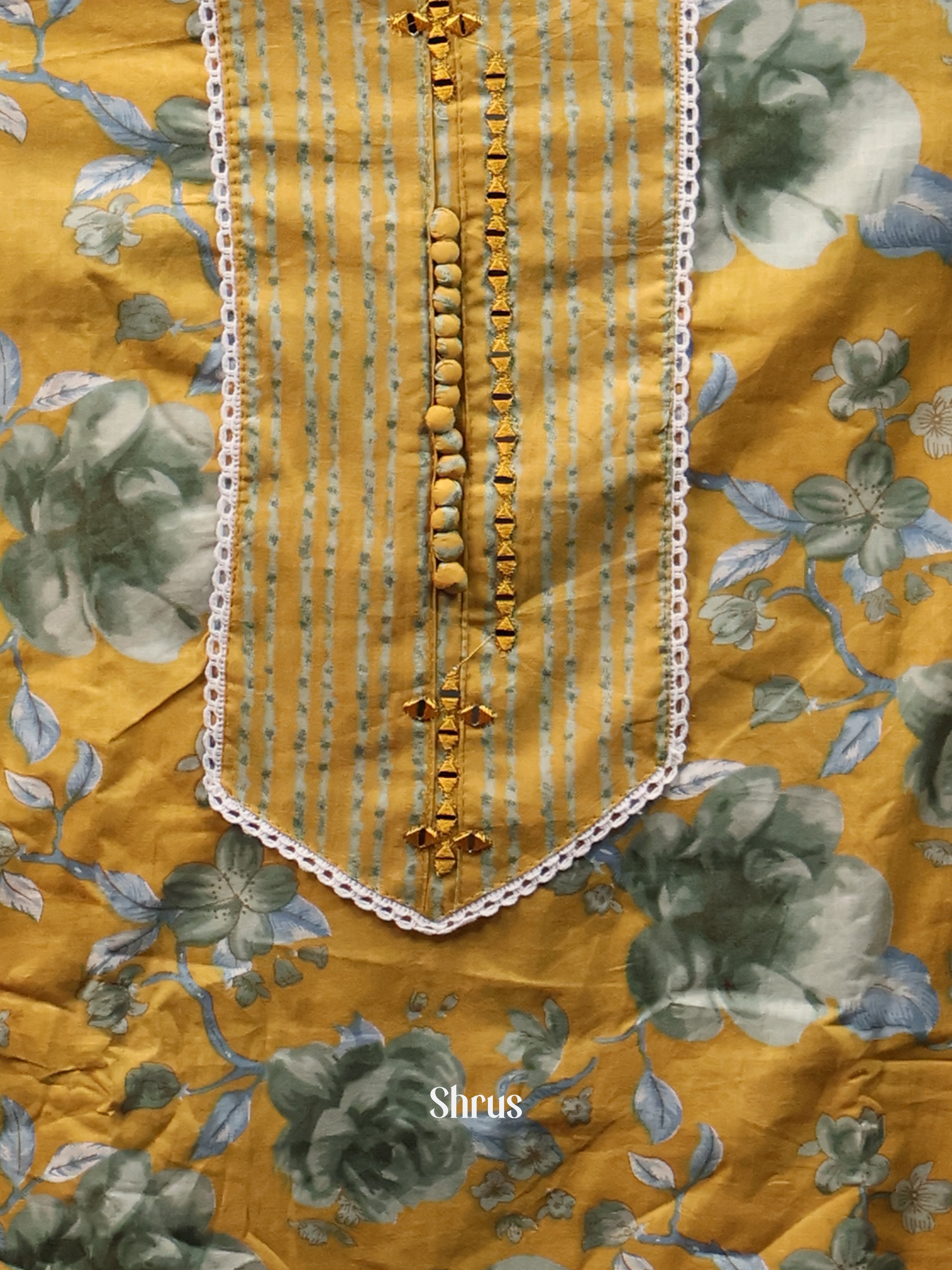 Yellow - Cotton Salwar Suit Unstitched Top, Bottom & Dupatta - CJS11058 - Shop on Shrus.com