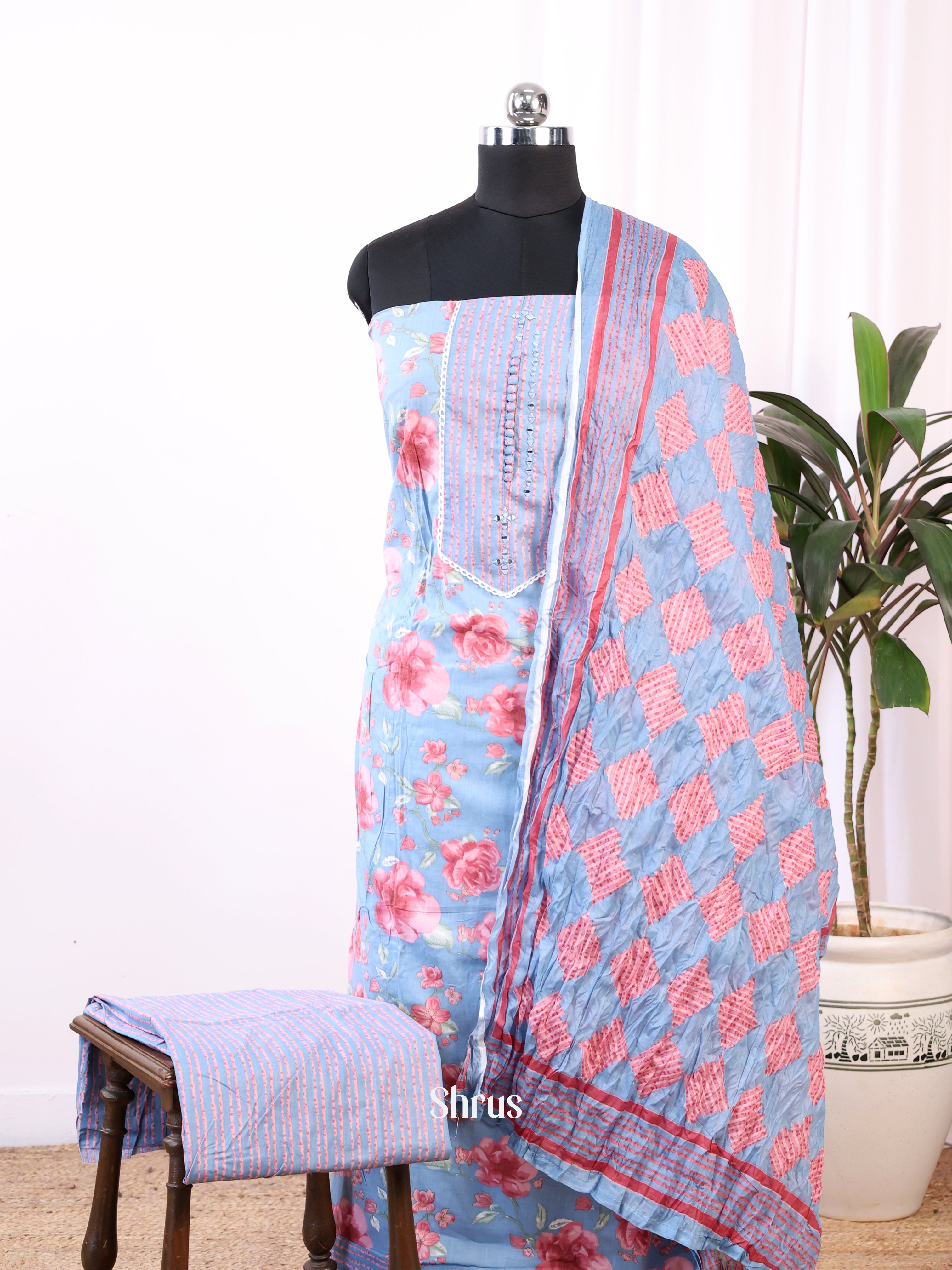 Blue - Cotton Salwar Suit Unstitched Top, Bottom & Dupatta - CJS11059 - Shop on Shrus.com