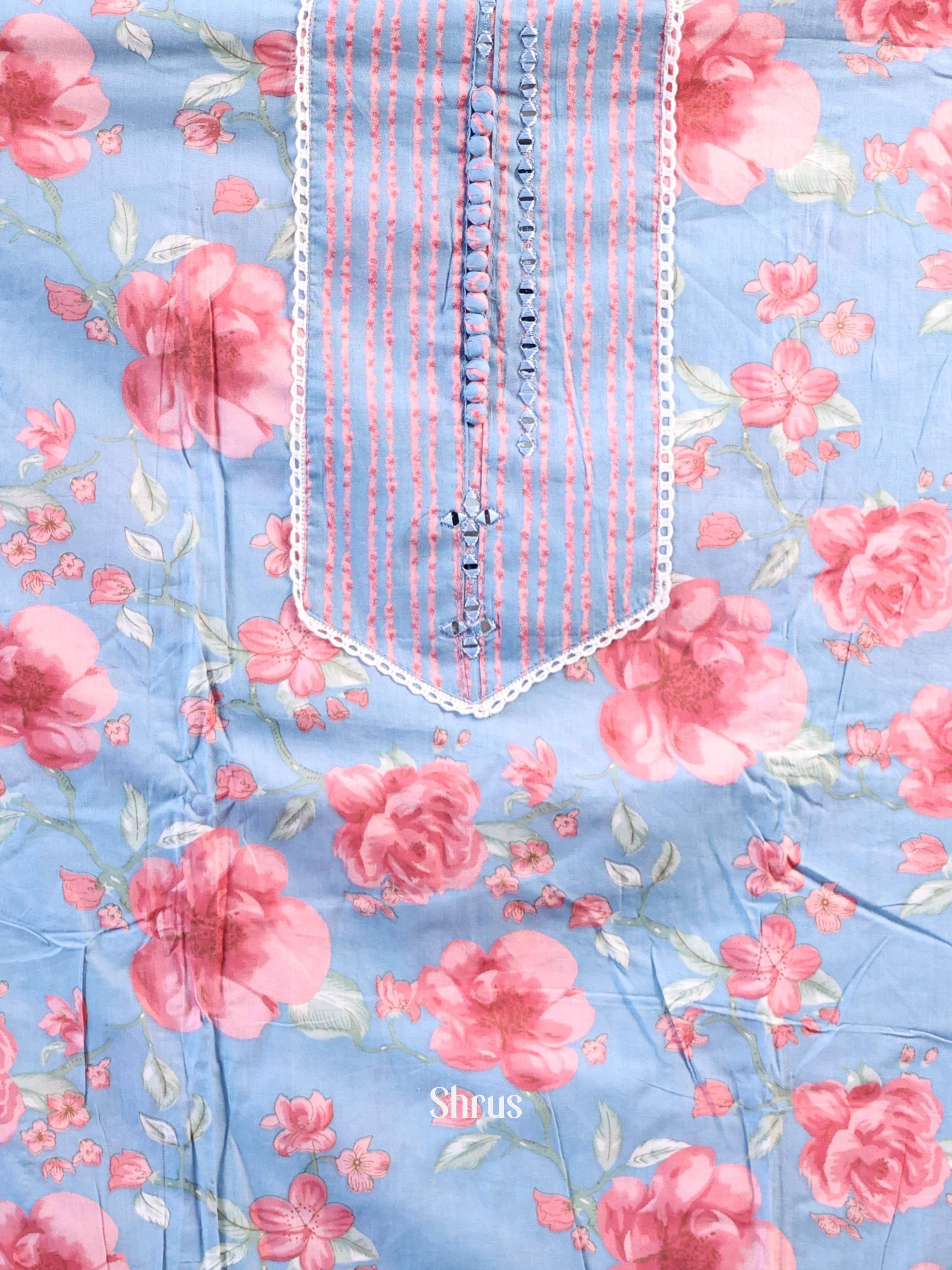 Blue - Cotton Salwar Suit Unstitched Top, Bottom & Dupatta - CJS11059 - Shop on Shrus.com