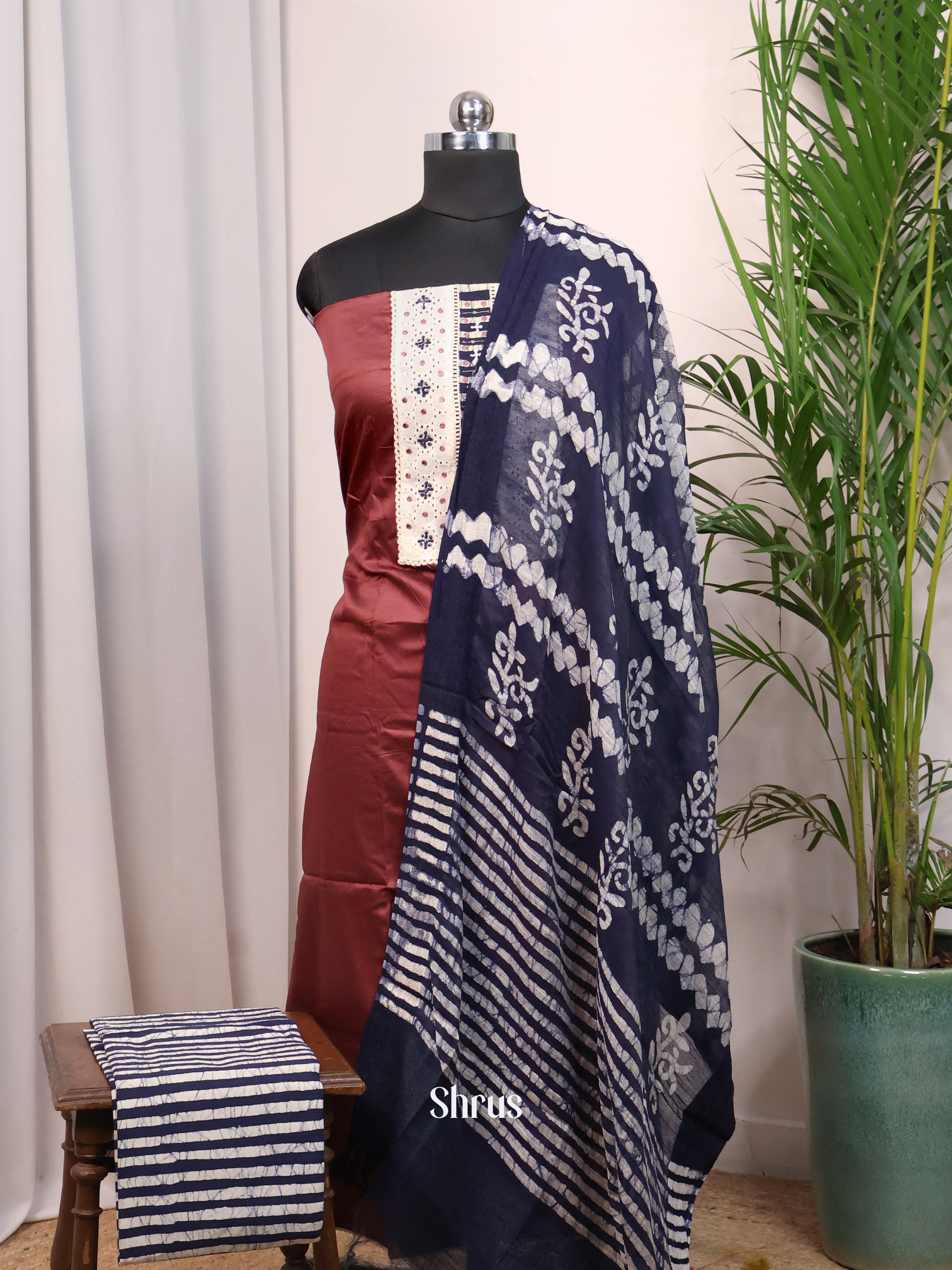 Maroon & Blue - Cotton Salwar Suit Unstitched Top, Bottom & Dupatta - CJS11061 - Shop on Shrus.com
