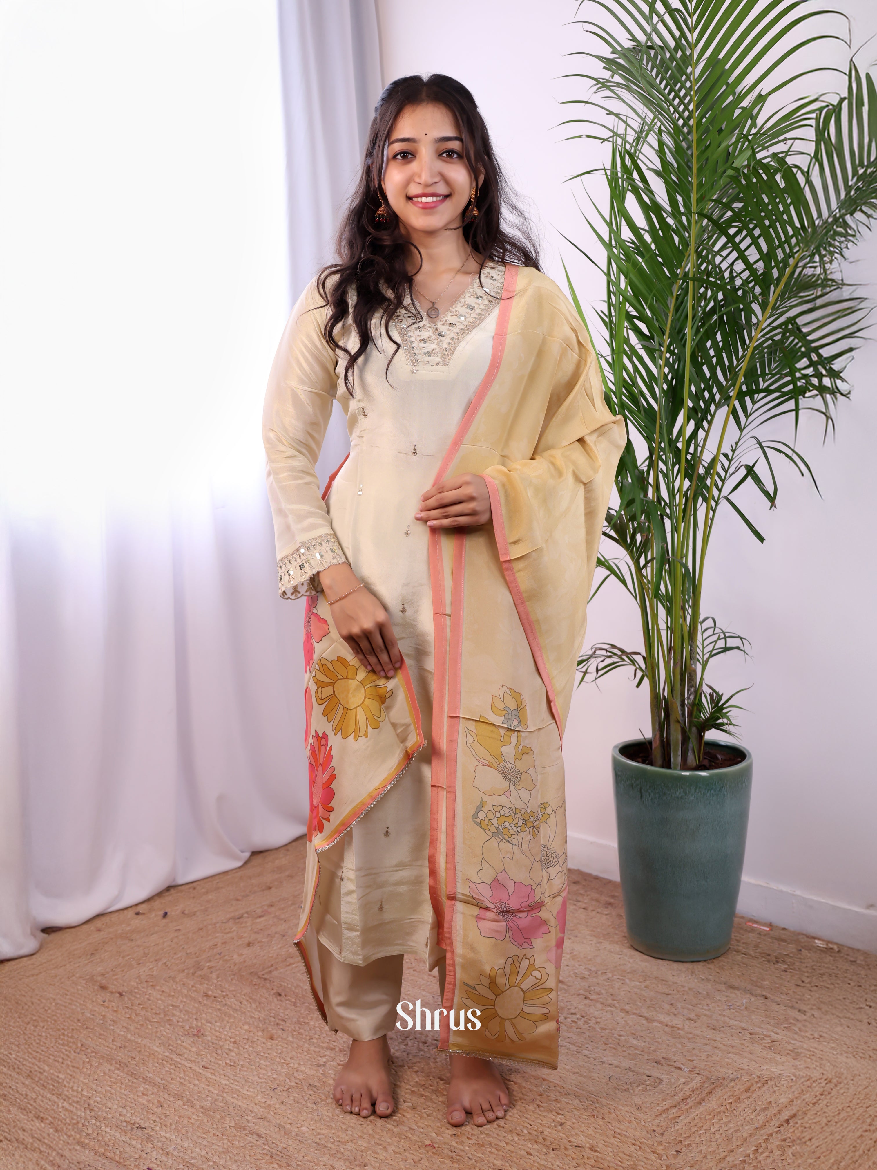 Cream - 3pc sequin embroidery Readymade Suits - Shop on Shrus.com