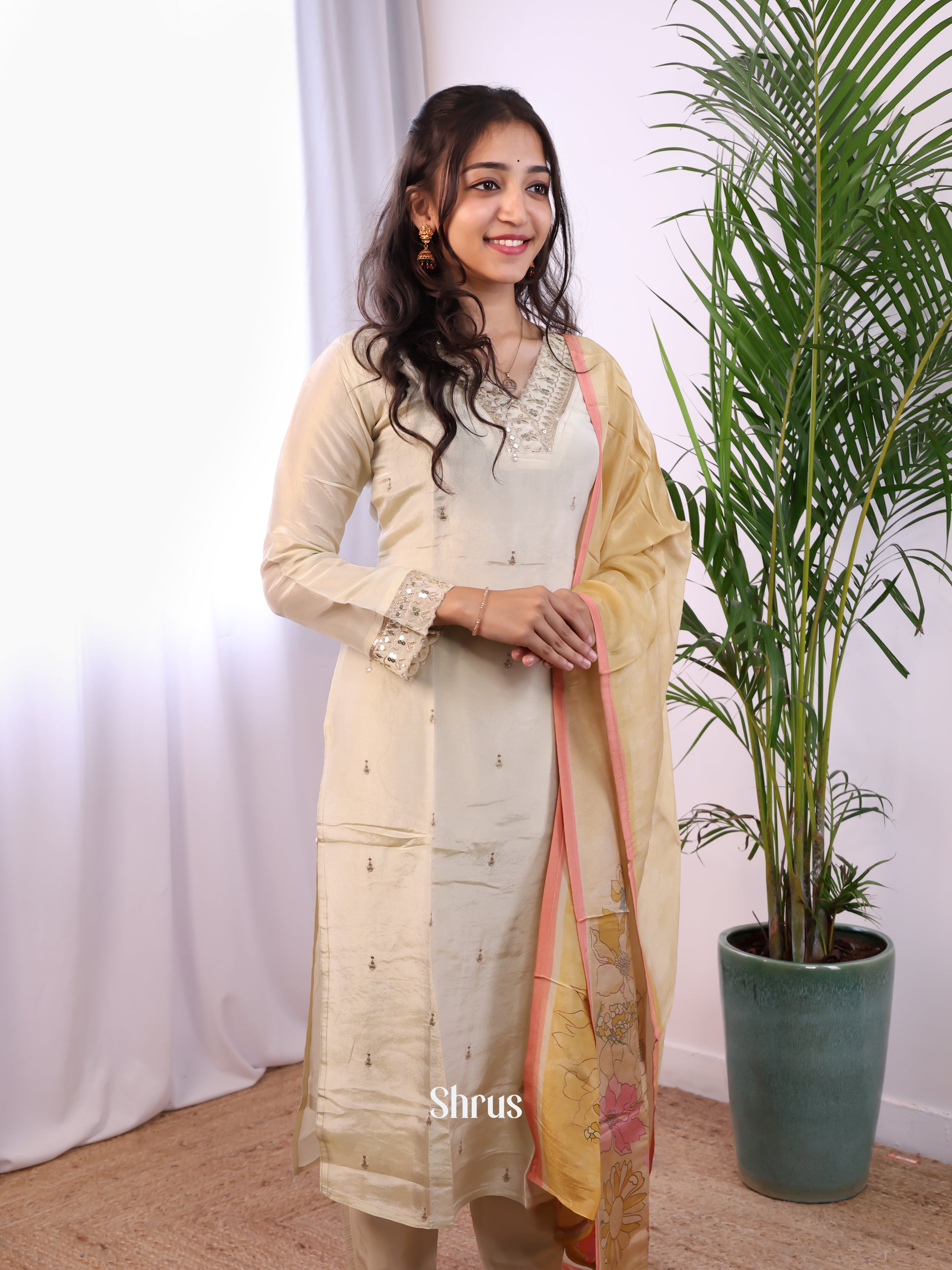 Cream - 3pc sequin embroidery Readymade Suits - Shop on Shrus.com