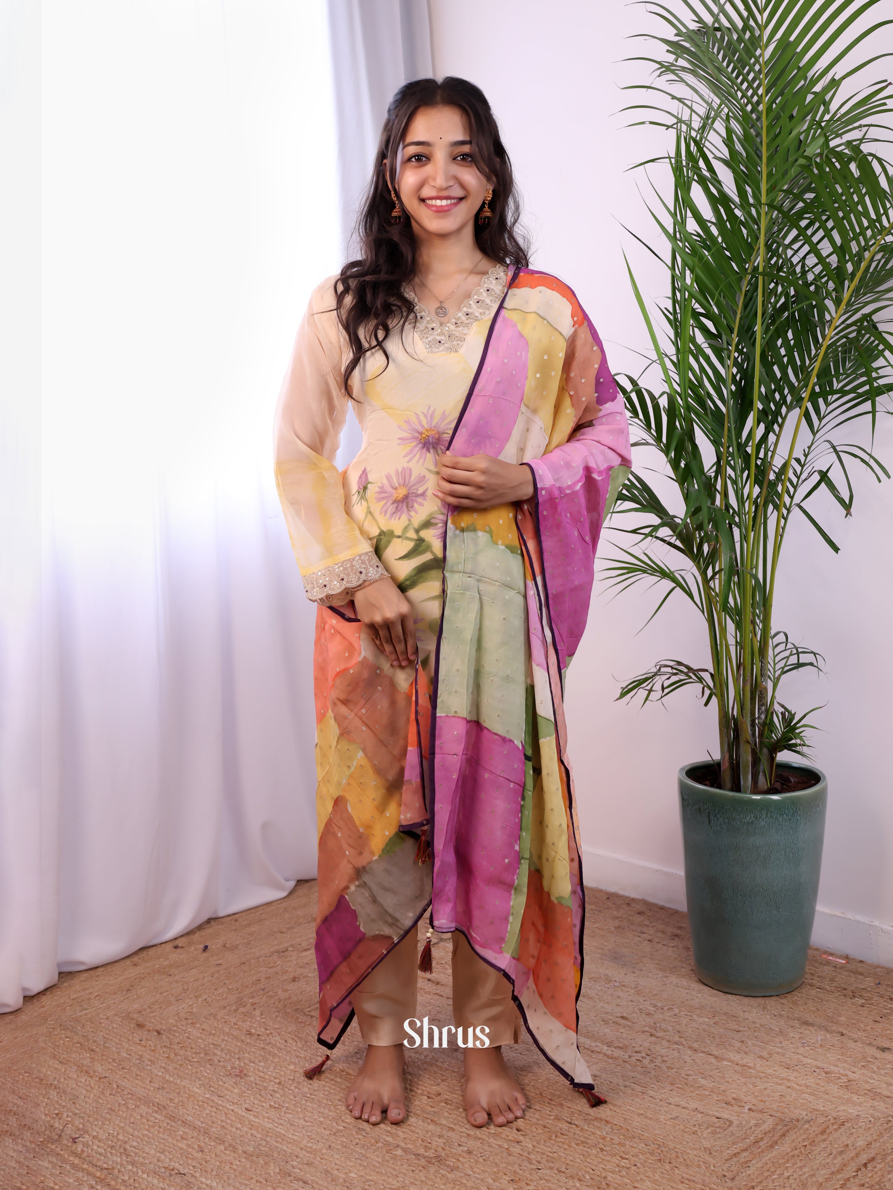 Cream & Purple -Digital printed 3pc Readymade Suits - Shop on Shrus.com