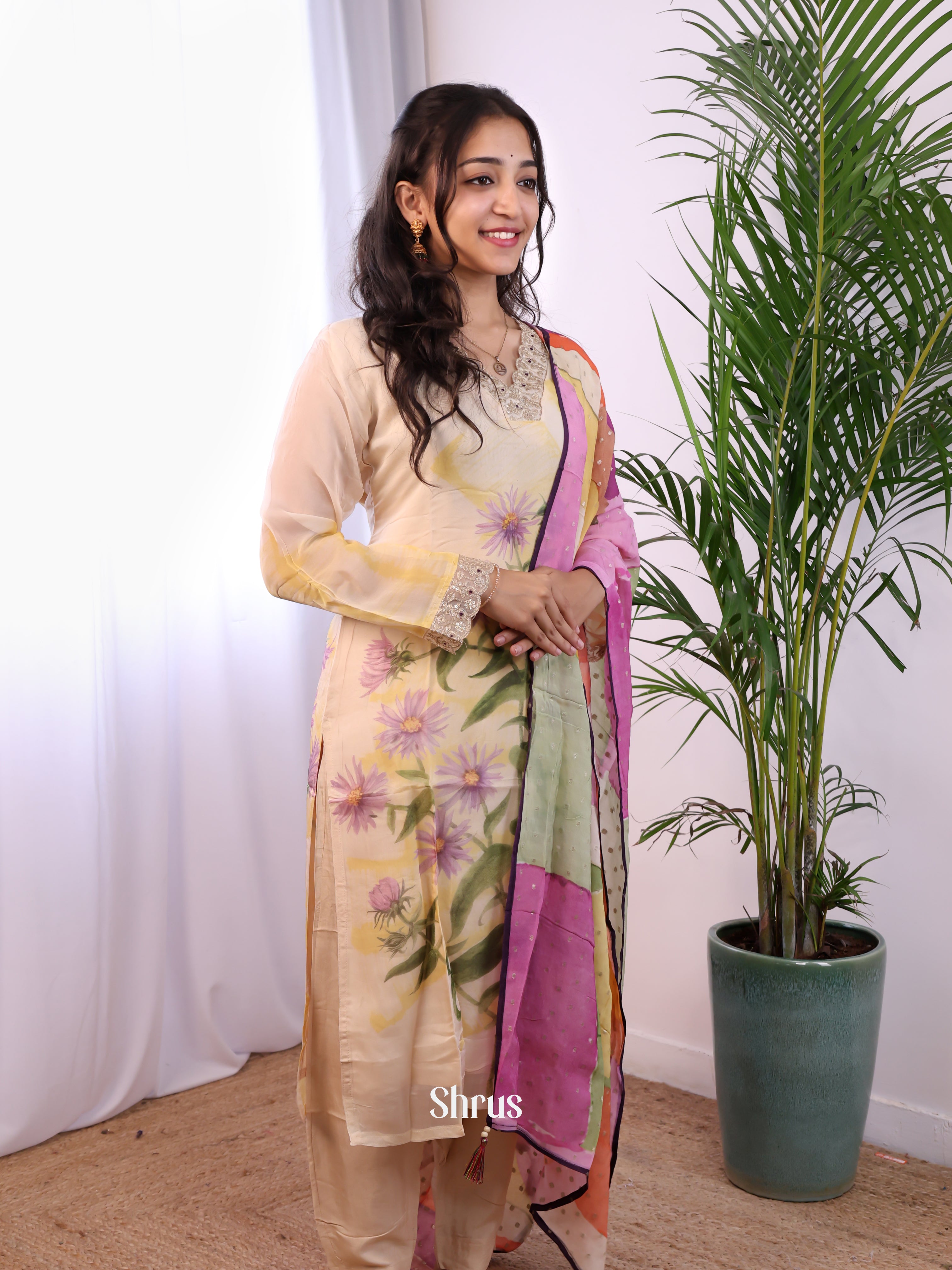Cream & Purple -Digital printed 3pc Readymade Suits - Shop on Shrus.com