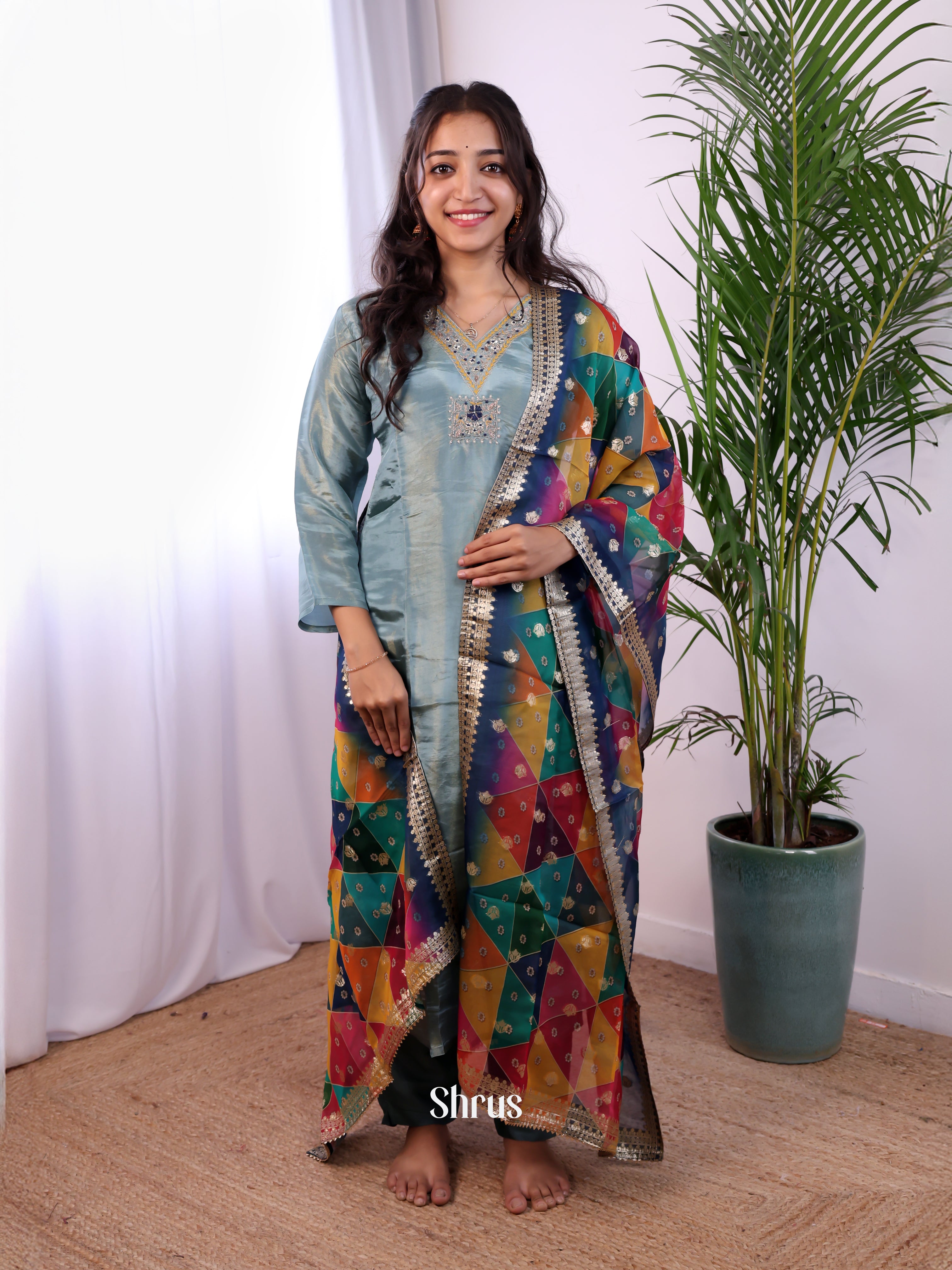 Blue - Tissue 3pc Readymade Suits - Shop on Shrus.com