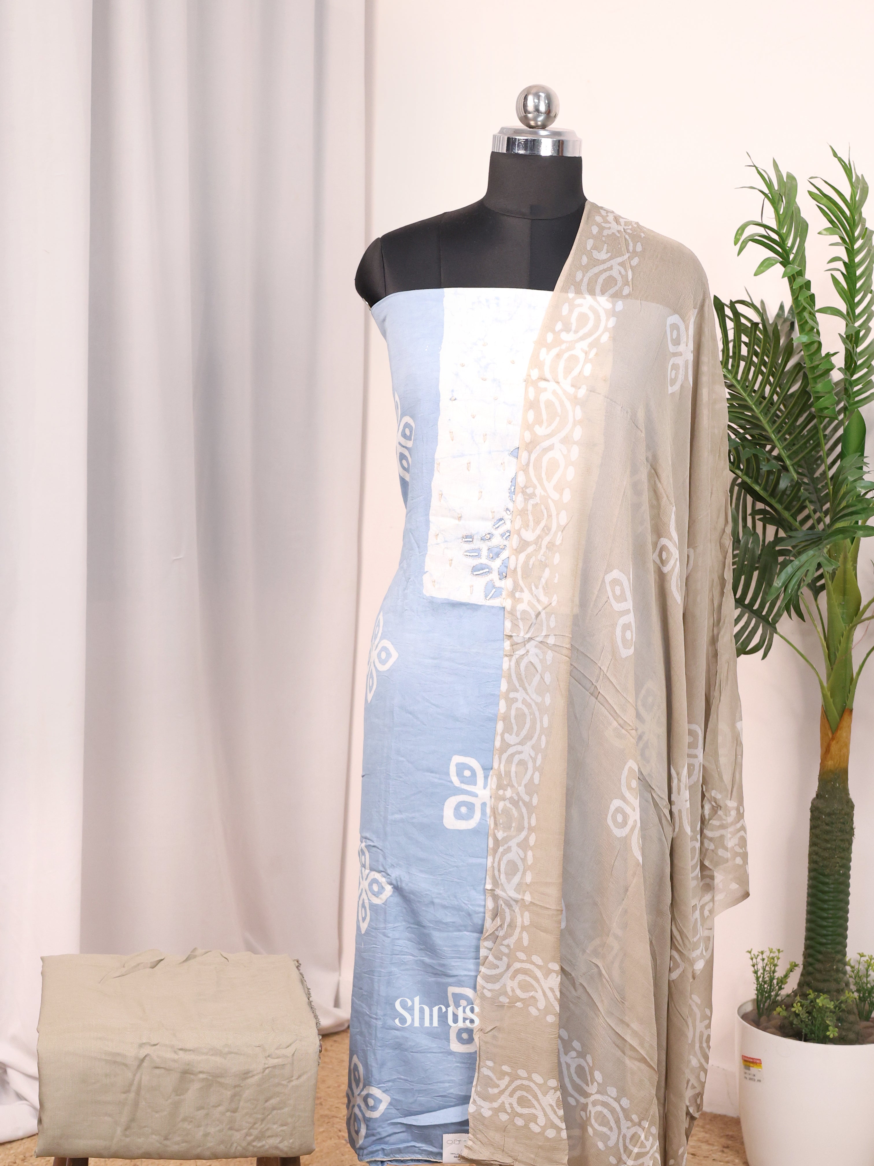 Blue & Grey - Cotton Salwar Suit Unstitched Top, Bottom & Dupatta - CJS12005 - Shop on Shrus.com