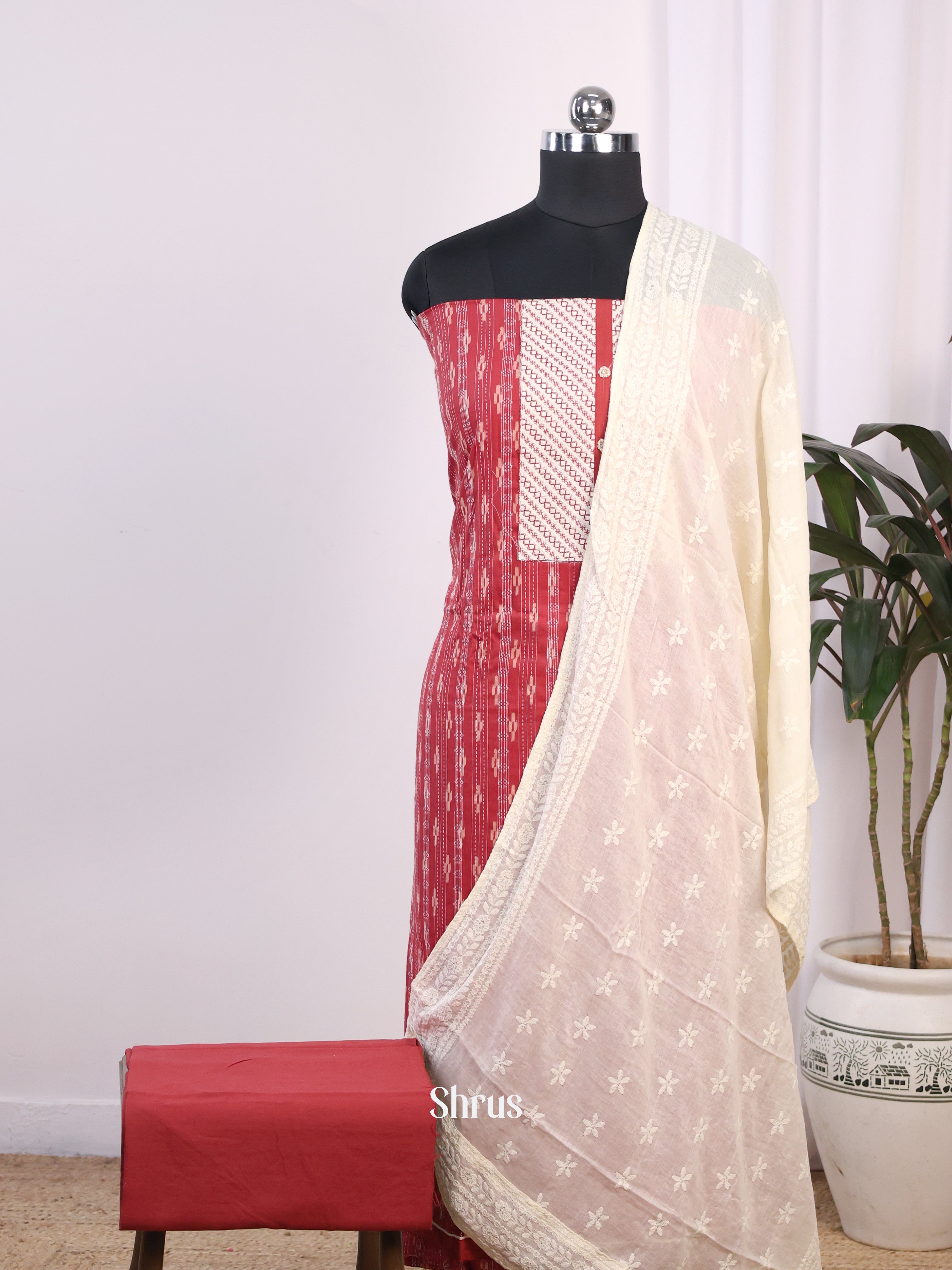 Red & White -Cotton Salwar Suit Unstitched Top, Bottom & Dupatta - CJS12014 - Shop on Shrus.com