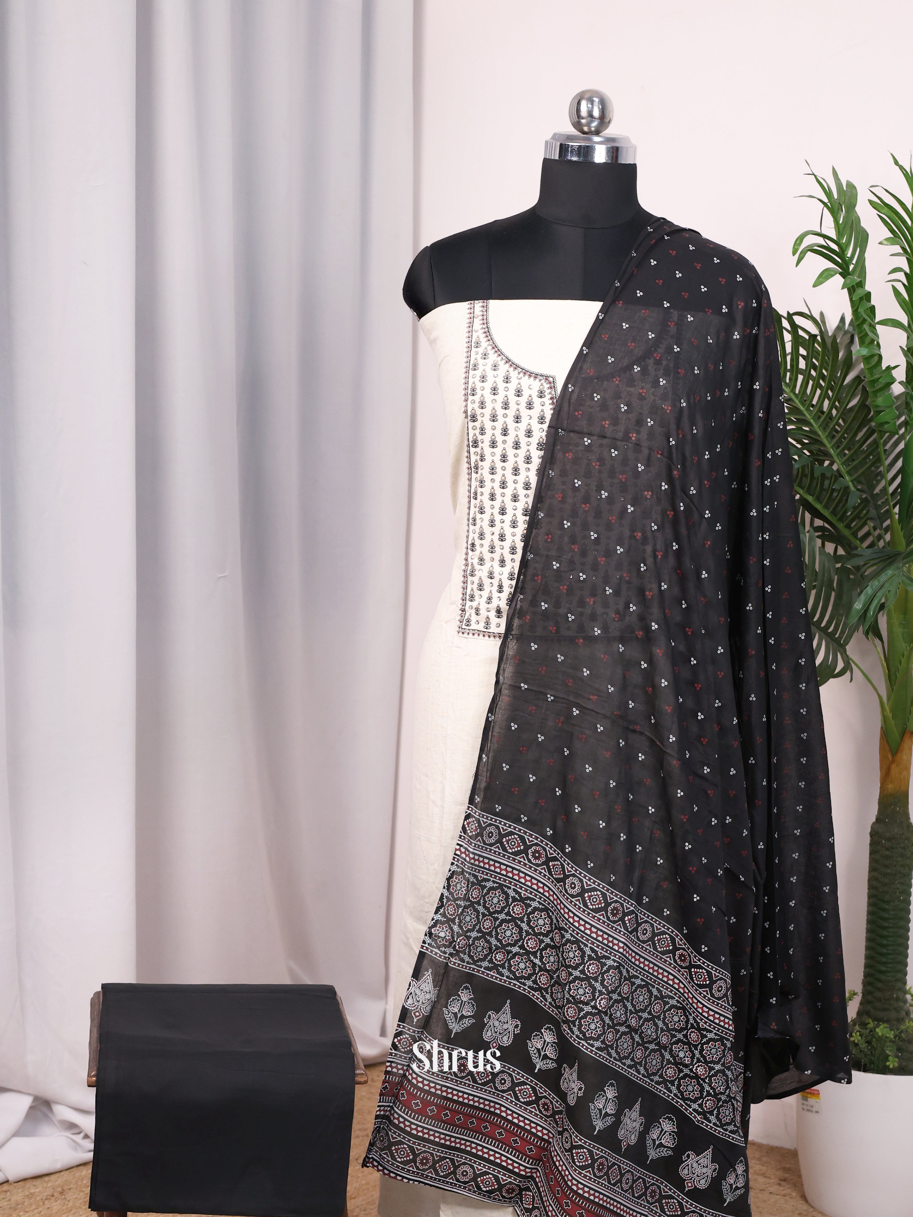 Cream & Black- Cotton Salwar Suit Unstitched Top, Bottom & Dupatta -CJS12018 - Shop on Shrus.com