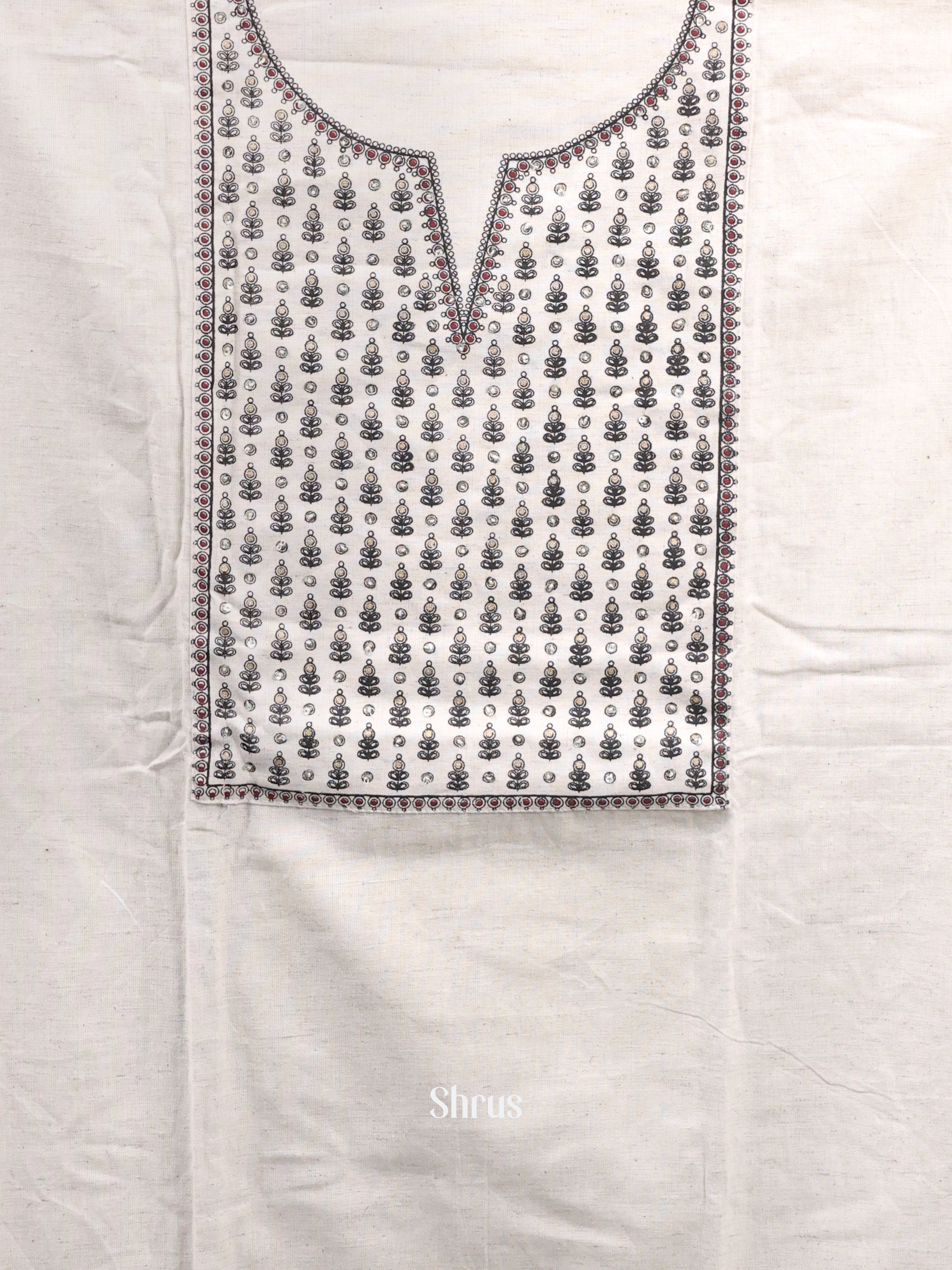 Cream & Black- Cotton Salwar Suit Unstitched Top, Bottom & Dupatta -CJS12018 - Shop on Shrus.com