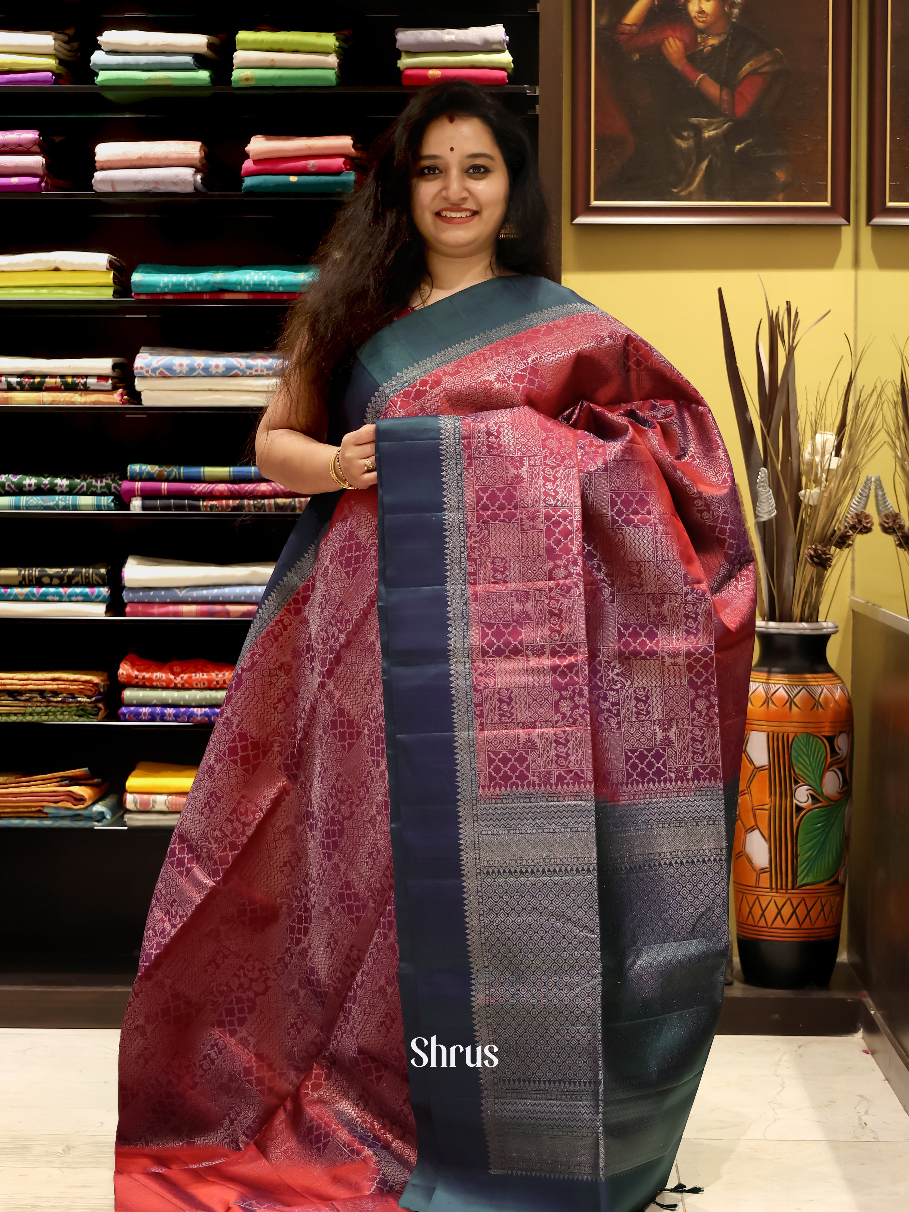 Maroon & Green - Soft Silk Saree - Shop on Shrus.com
