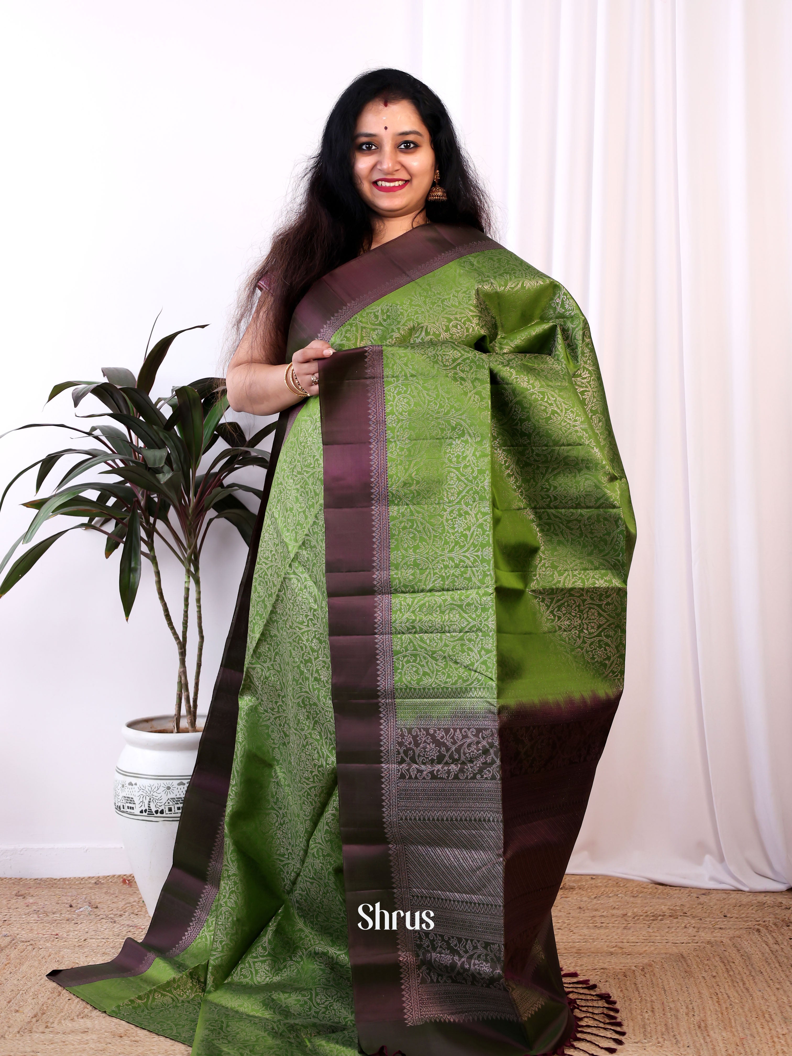 Green & Double Shaded Brown - Soft Silk Saree - Shop on Shrus.com