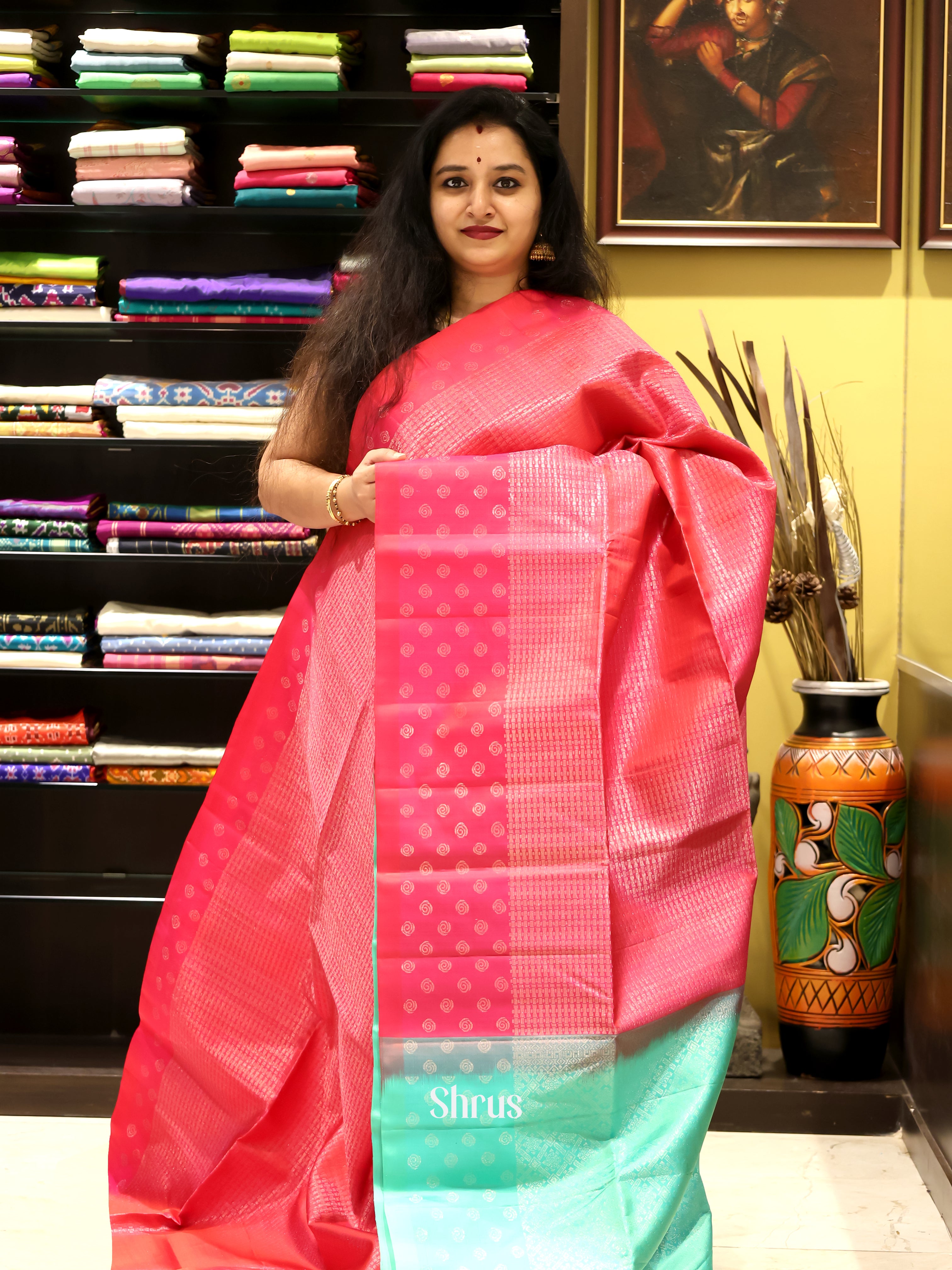 Pink & Green - Soft Silk Saree-1