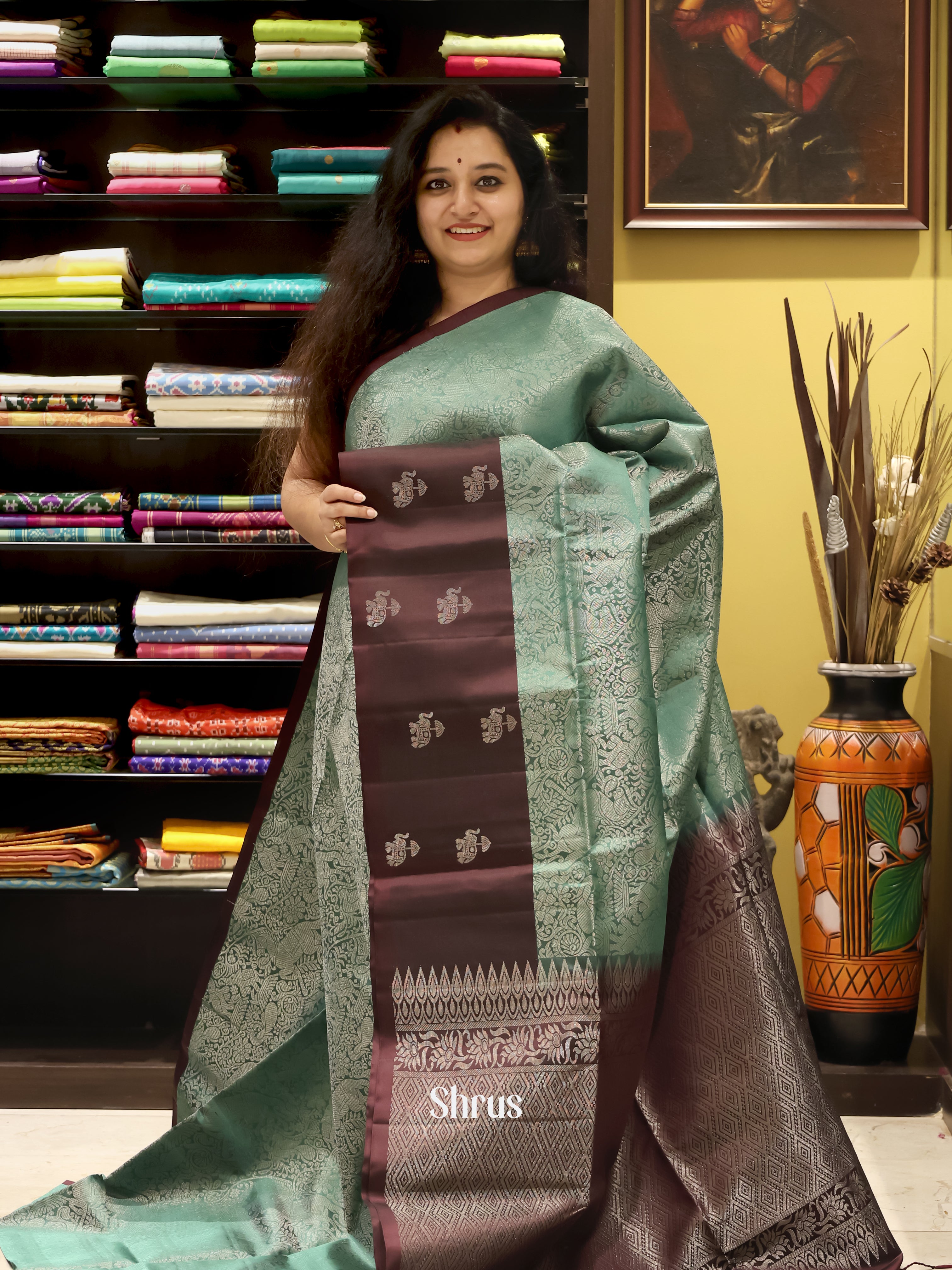Green & Brown - Soft Silk Saree - Shop on Shrus.com