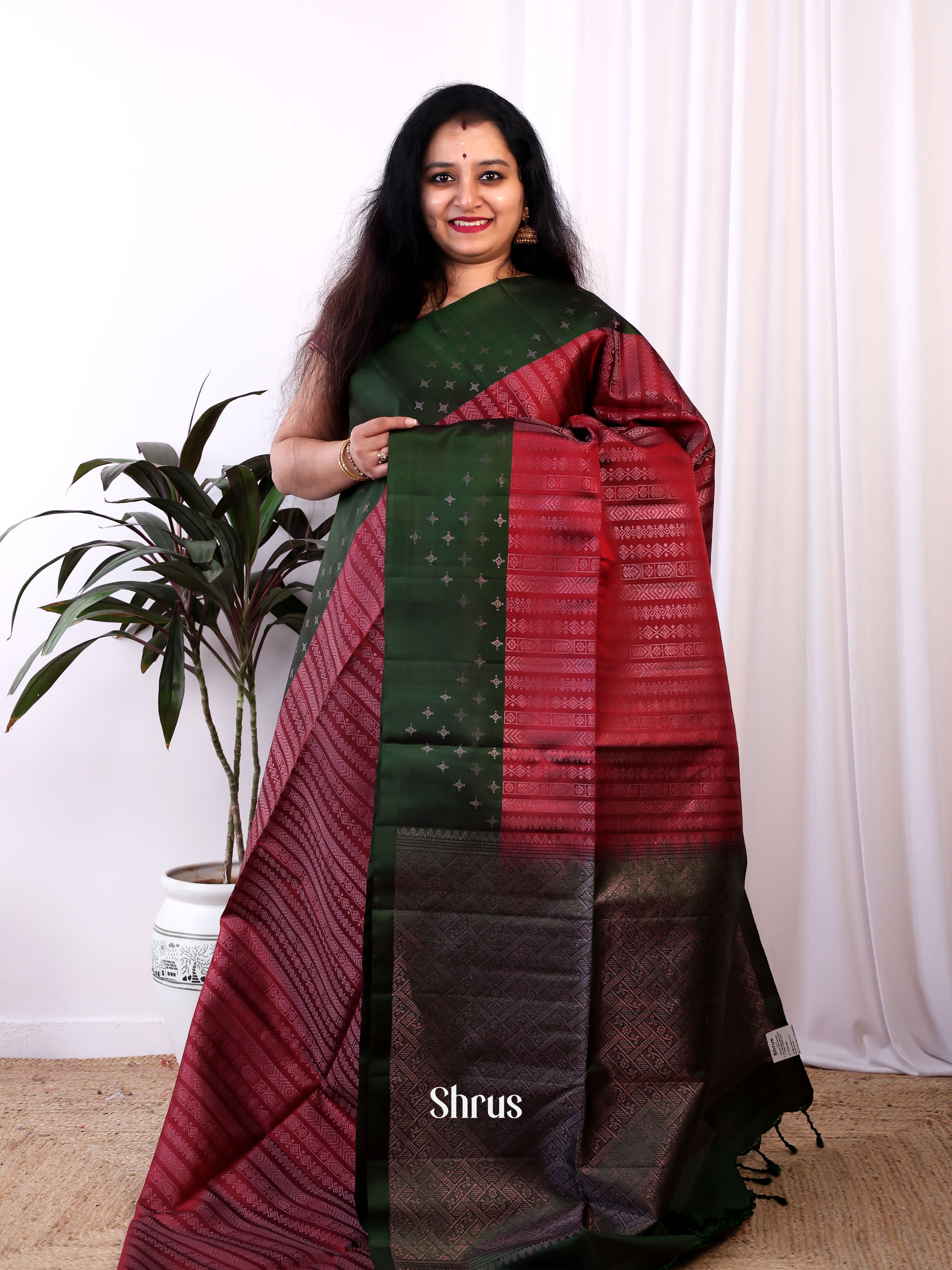 Maroon & Green- Soft Silk Saree - Shop on Shrus.com
