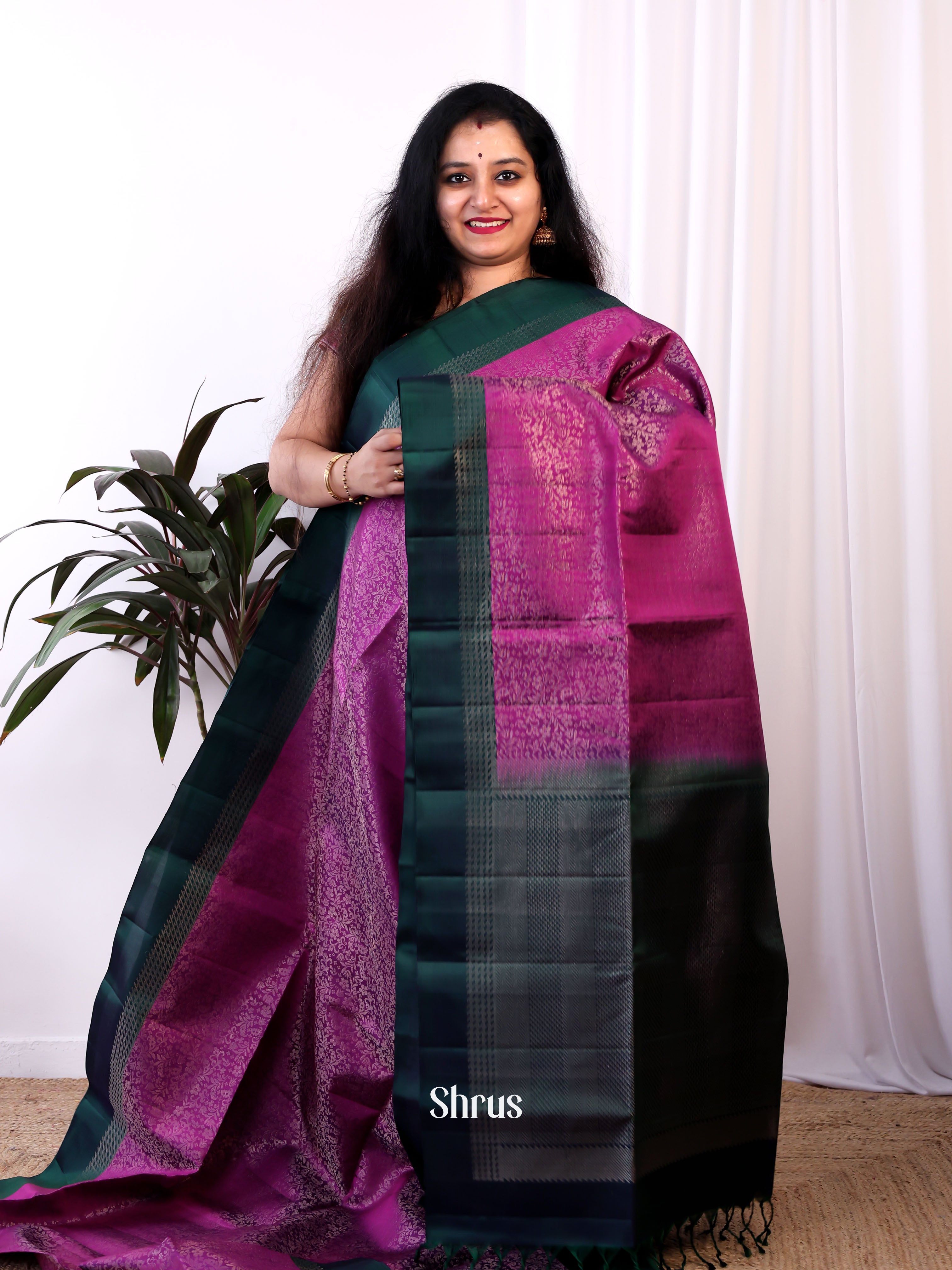 Majenta & Green- Soft Silk Saree - Shop on Shrus.com
