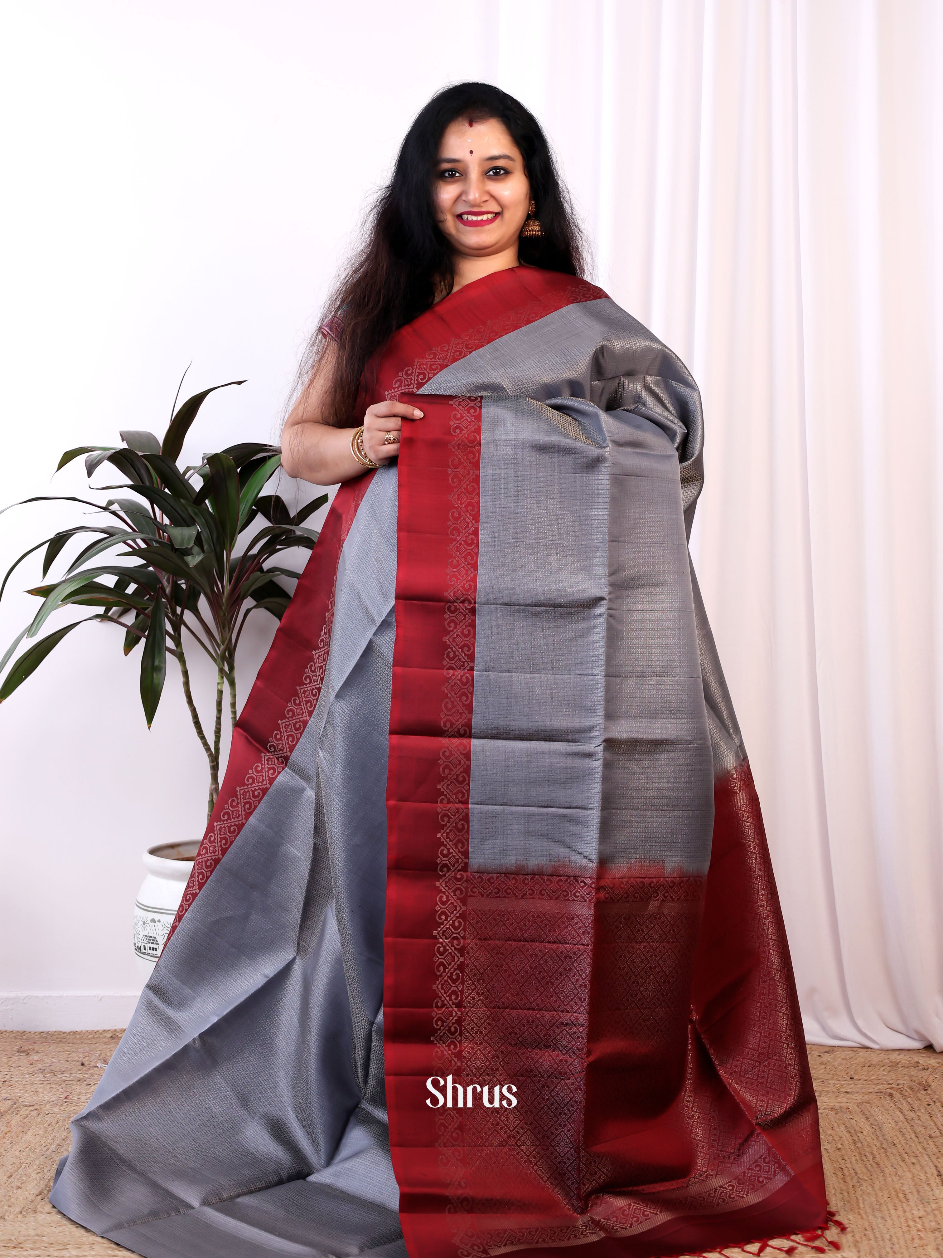 Grey & Maroon - Soft Silk Saree - Shop on Shrus.com