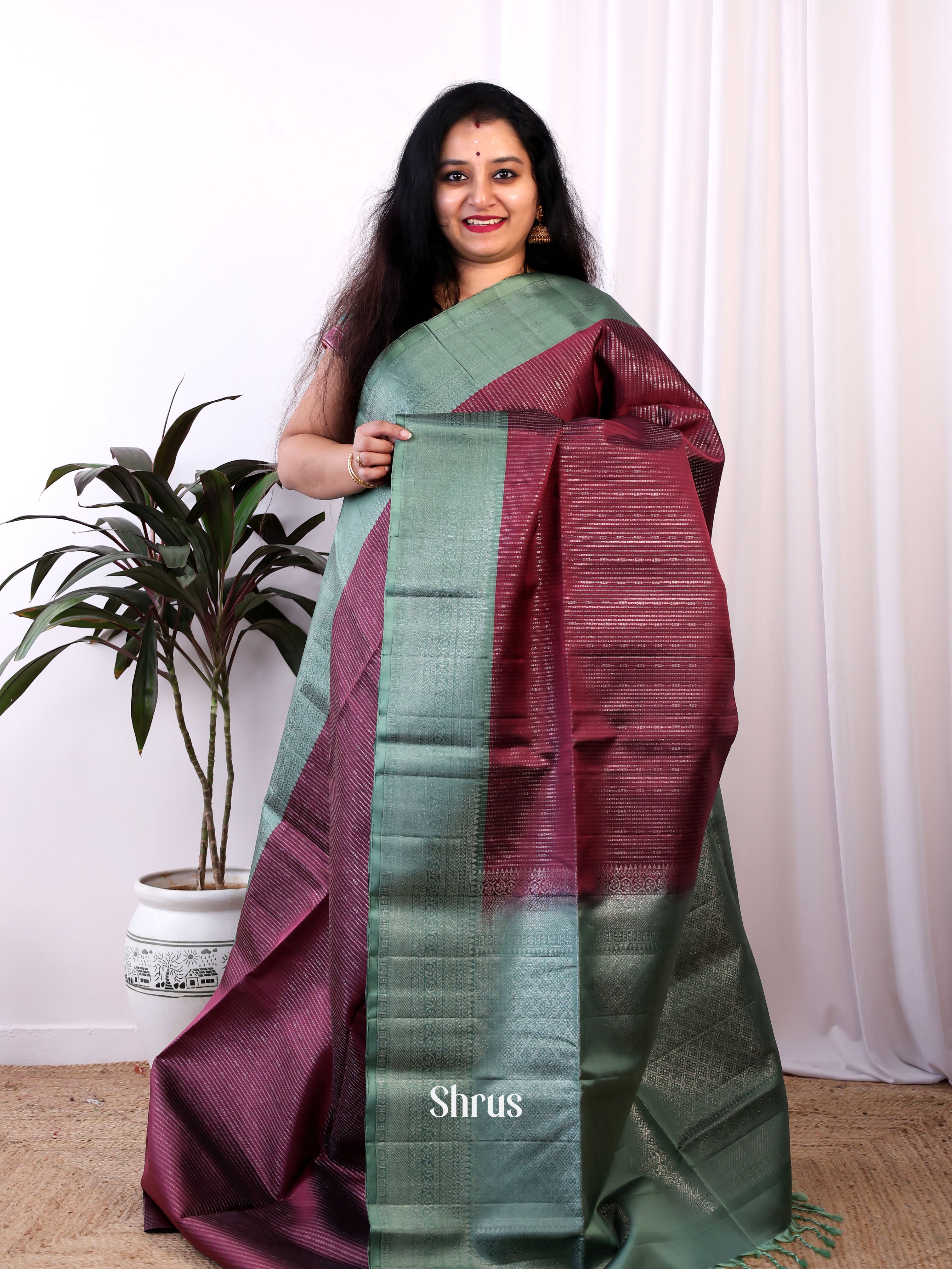 Maroon & Green - Soft Silk Saree - Shop on Shrus.com