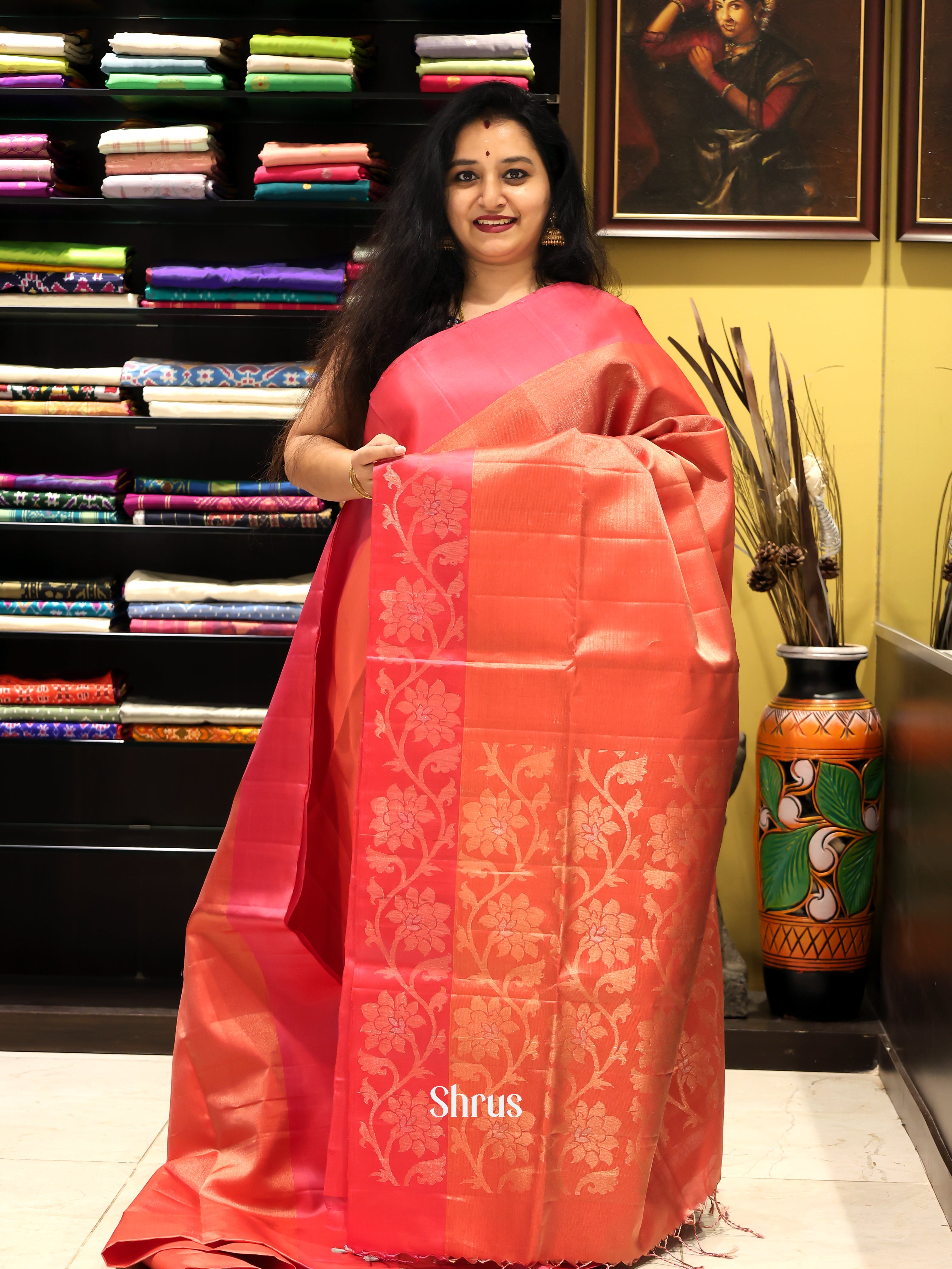Orange & Red - Soft Silk Saree - Shop on Shrus.com