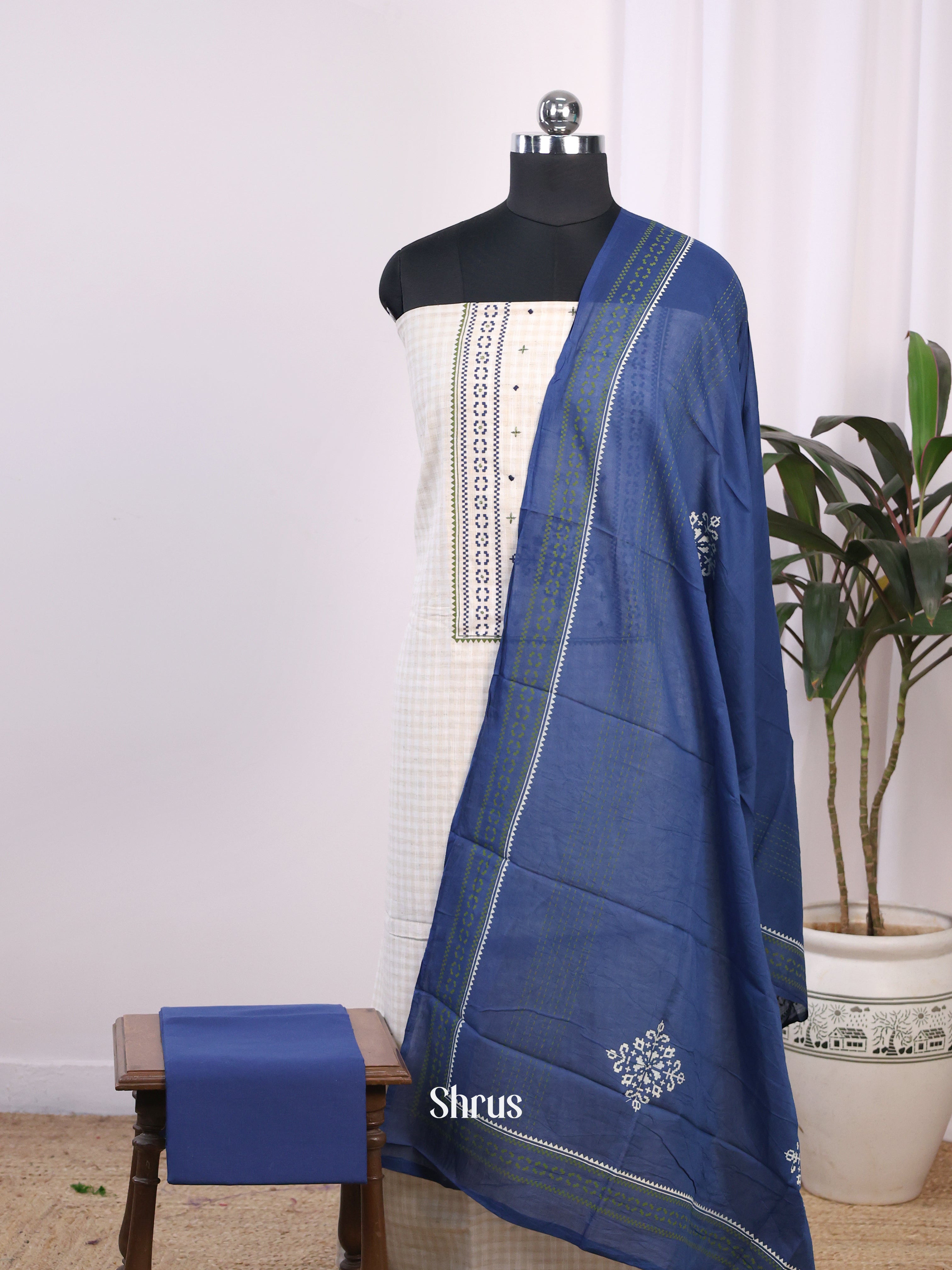 White & Blue - Cotton Salwar Suit Unstitched Top, Bottom & Dupatta - CJS12129 - Shop on Shrus.com
