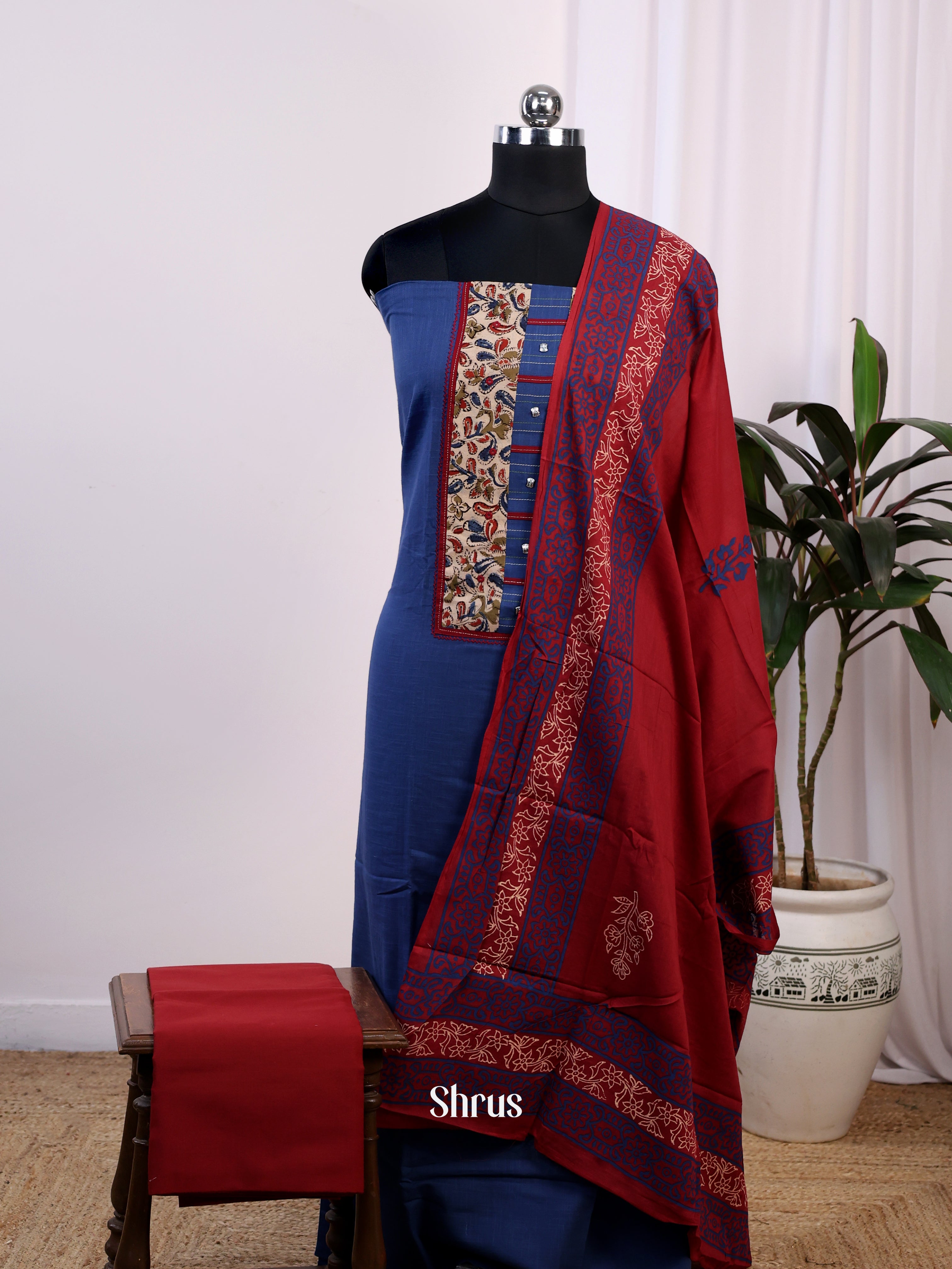 Blue & Maroon - Cotton Salwar Suit Unstitched Top, Bottom & Dupatta - CJS12134 - Shop on Shrus.com