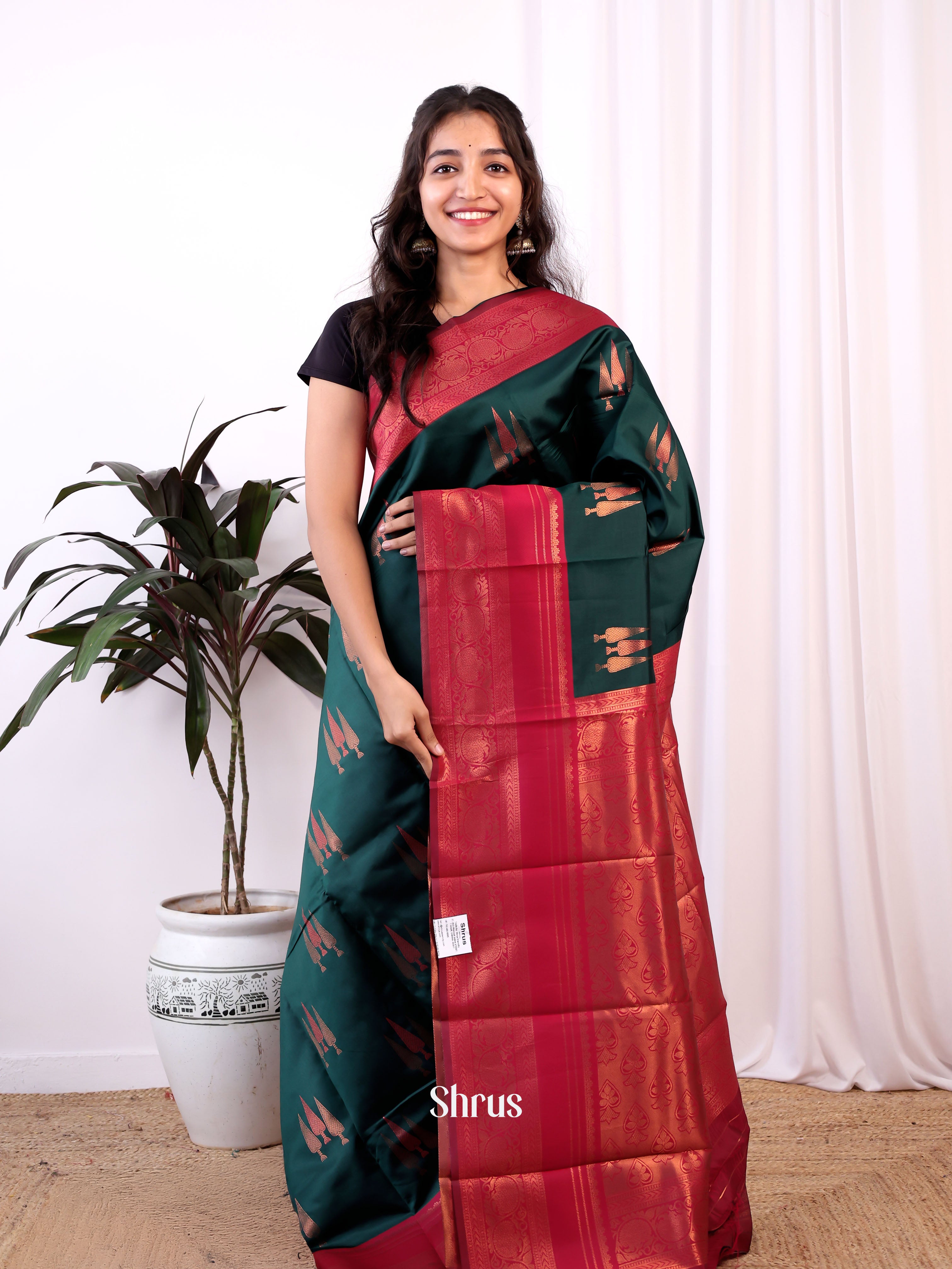 Green & maroon - Semi Kanchipuram Saree - Shop on Shrus.com