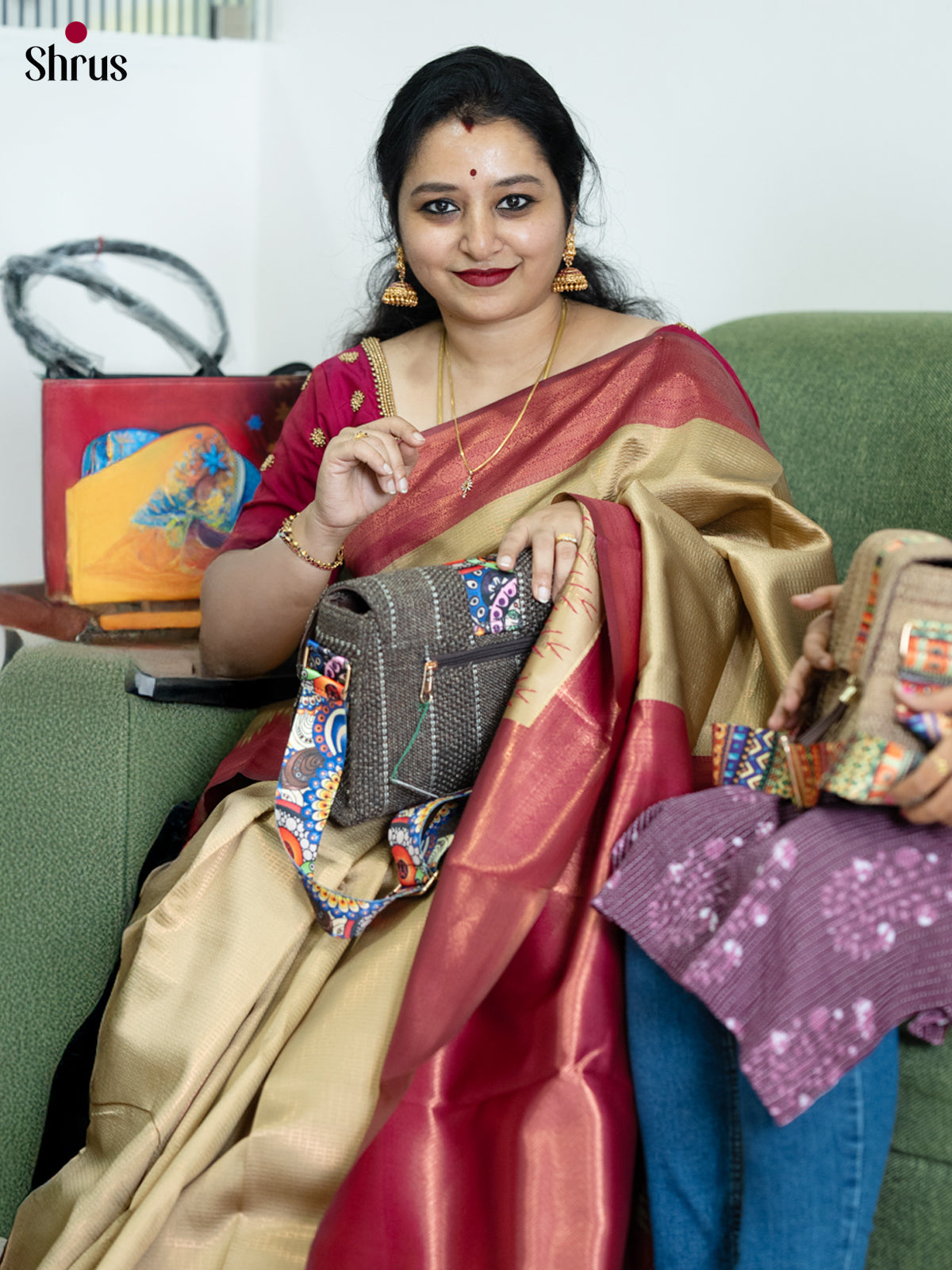 Beige & Maroon - Semi Arani Silk Saree - Shop on Shrus.com