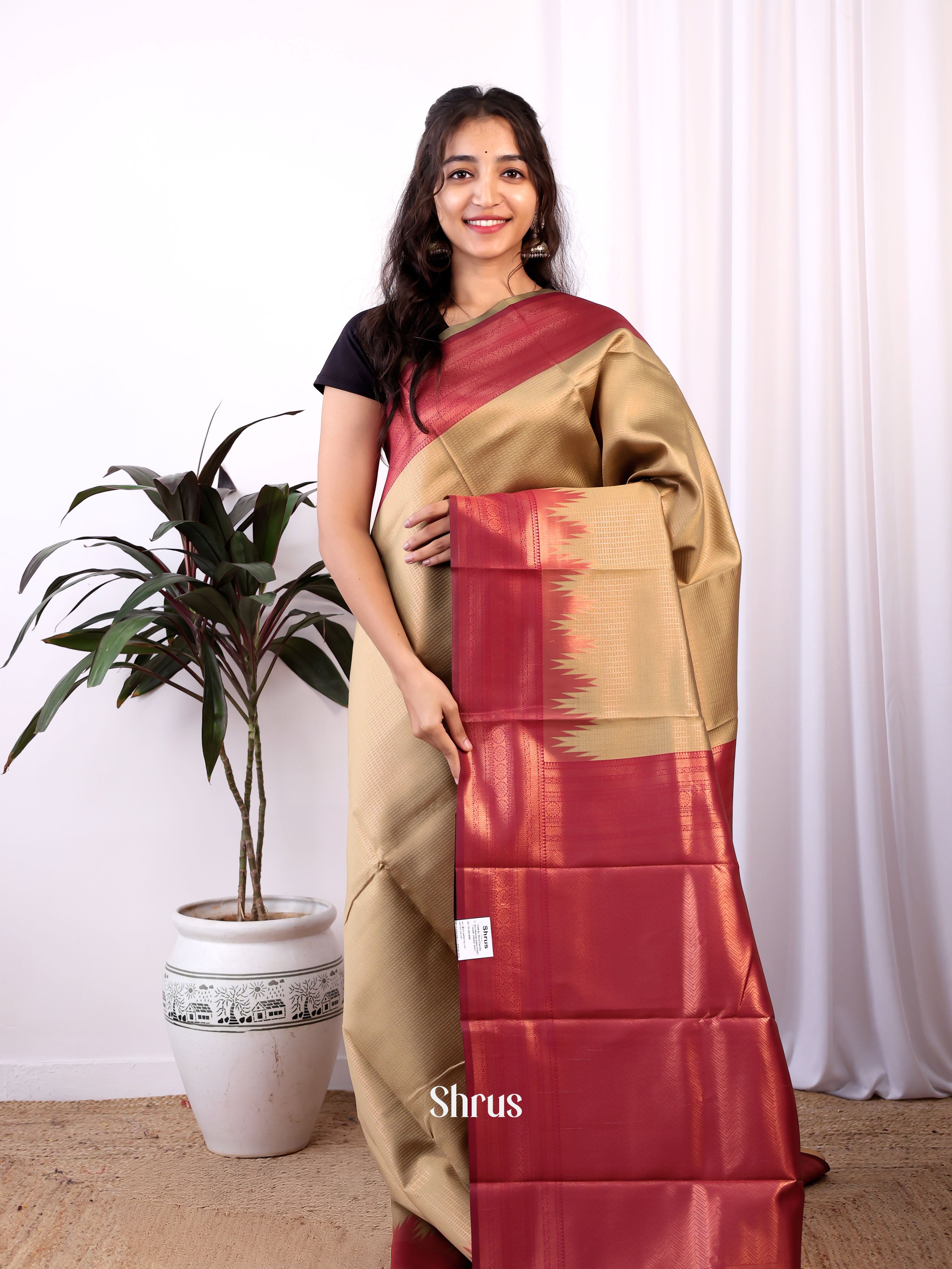 Beige & Maroon - Semi Arani Silk Saree - Shop on Shrus.com