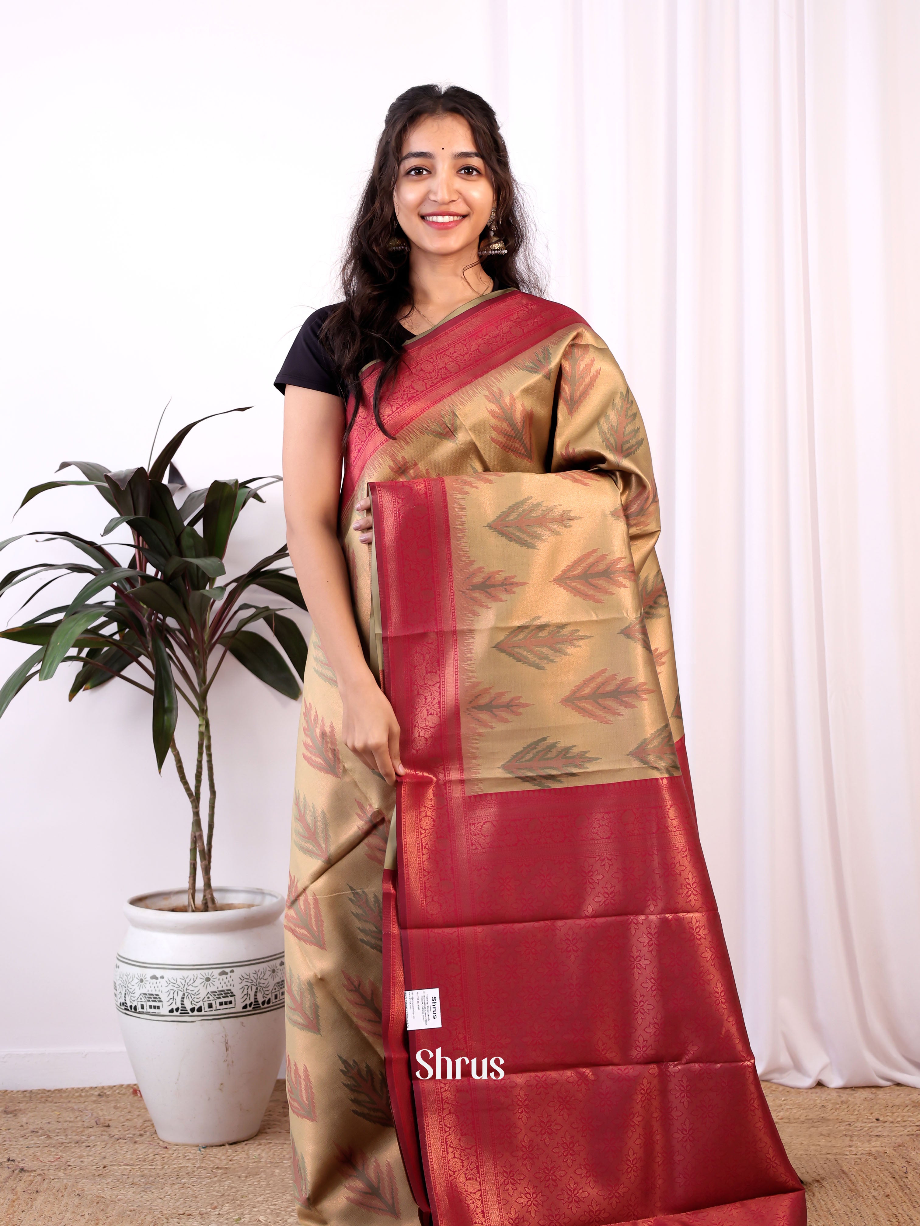 Gold & Red - Semi Softsilk Saree - Shop on Shrus.com