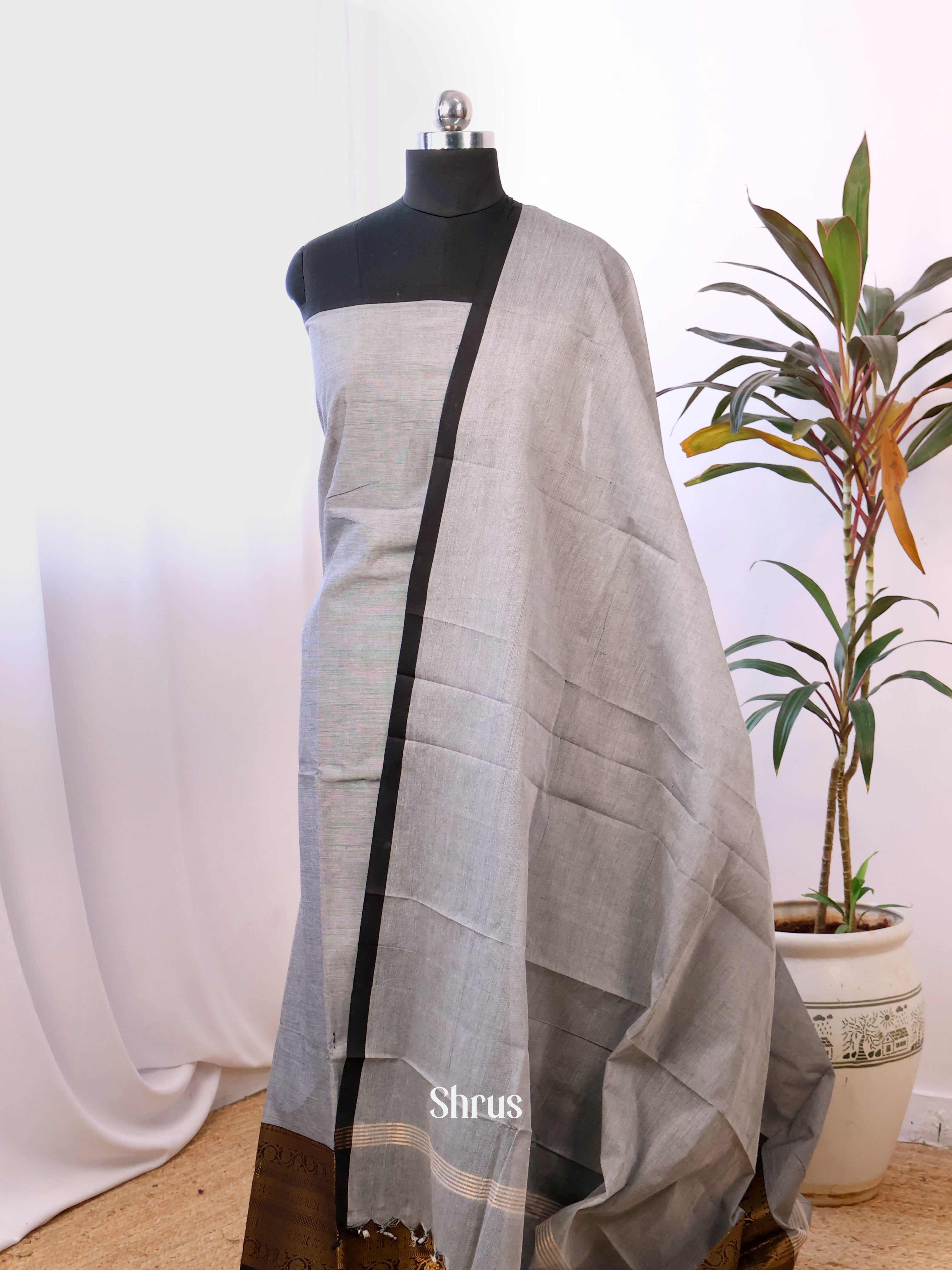 Grey & Black - Chettinad Cotton Unstitched Top & Dupatta - CJS14216 - Shop on Shrus.com